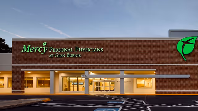 Brick exterior of Mercy Personal Physicians at Glen Burnie with green signage