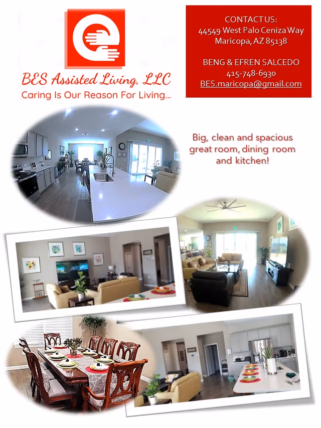 Interior collage of BES Assisted Living shows kitchen, dining room, and living areas.
