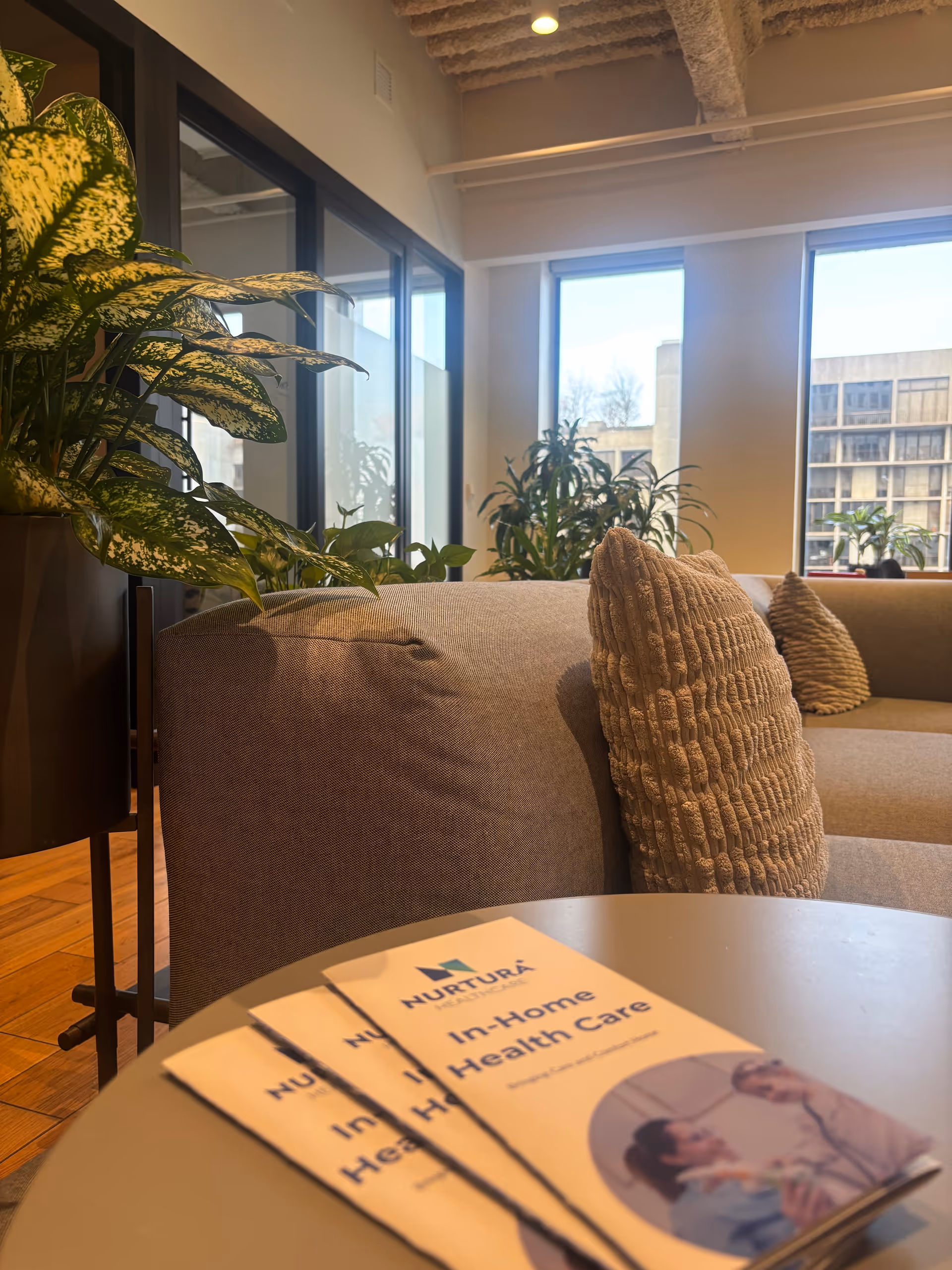 Bright lounge area with beige sofa, plants, and Nurtura brochures on a round table.
