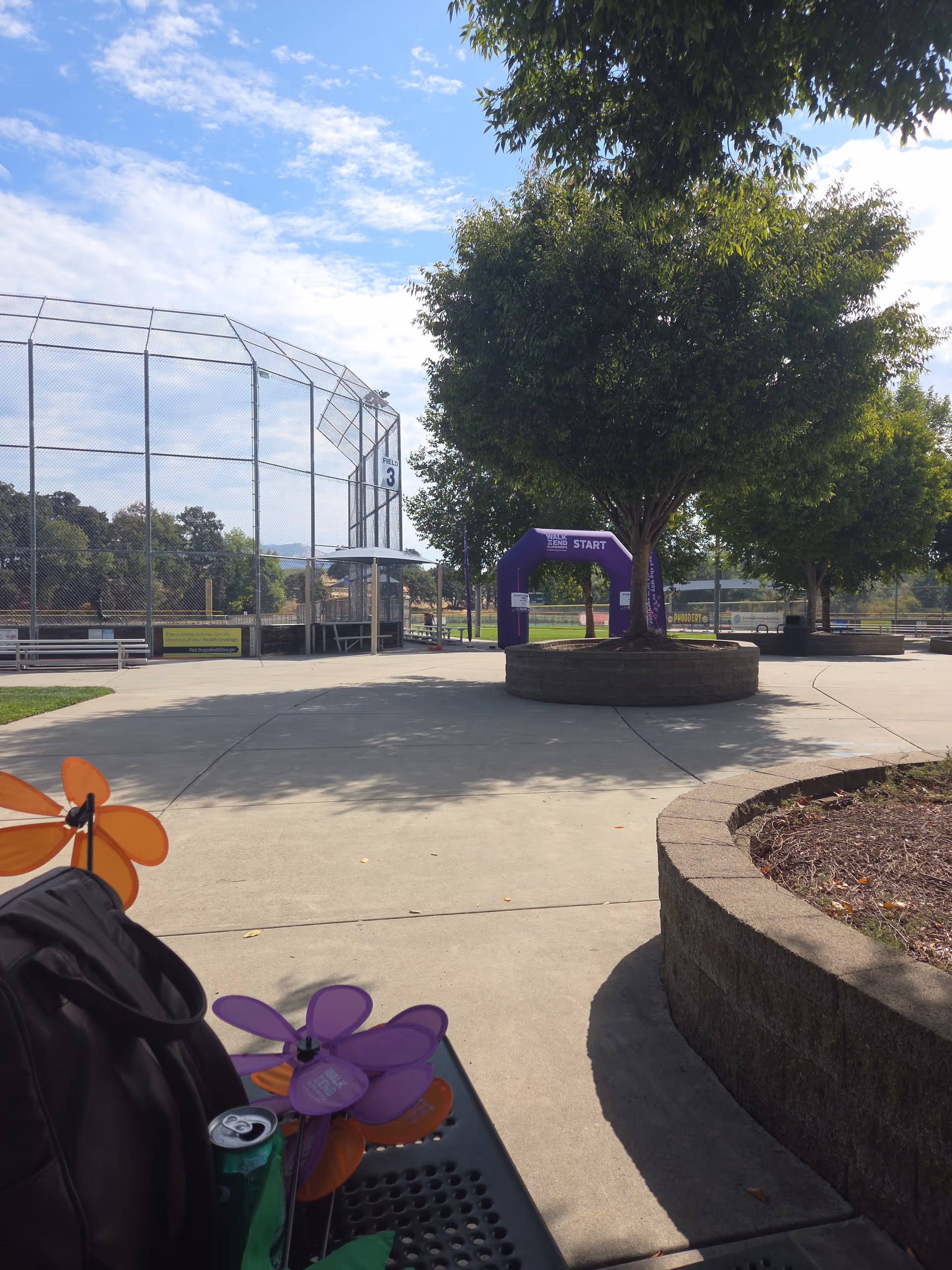 Outdoor park area beside a baseball field with a purple START arch and benches.