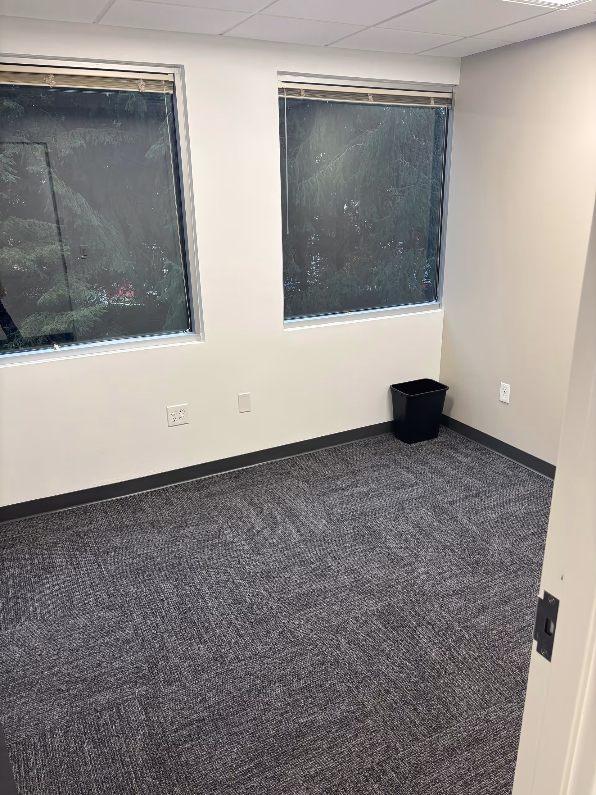 Empty carpeted interior room with two large windows, white walls, and a small trash bin.