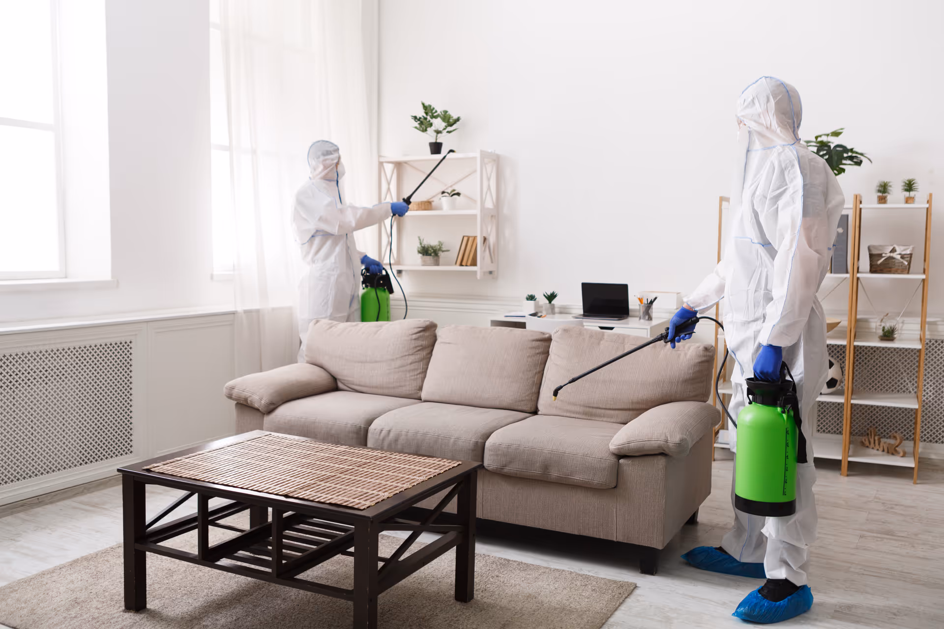 Two workers in protective suits disinfect a living room with a beige sofa and coffee table.