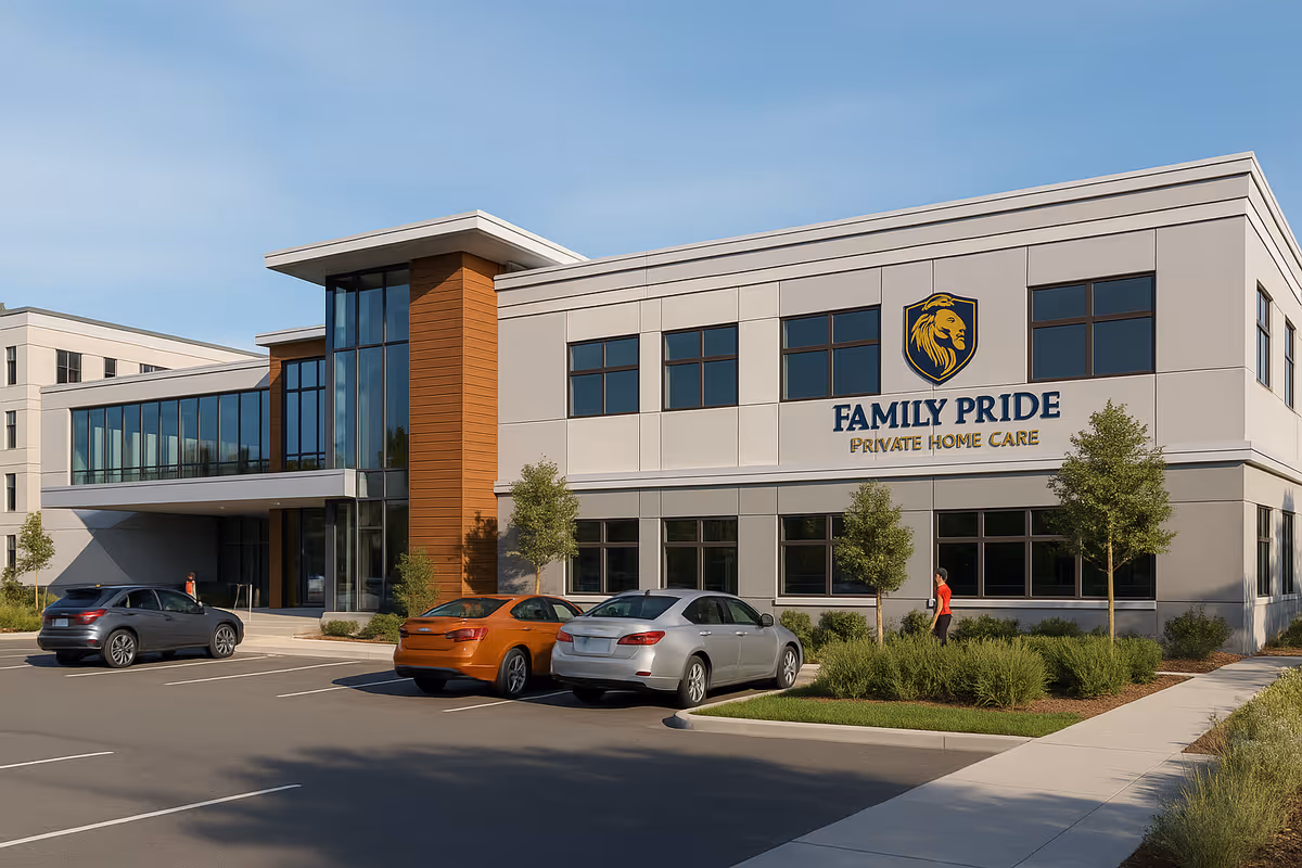 Modern building exterior with Family Pride Private Home Care signage, a parking lot, and blue sky.