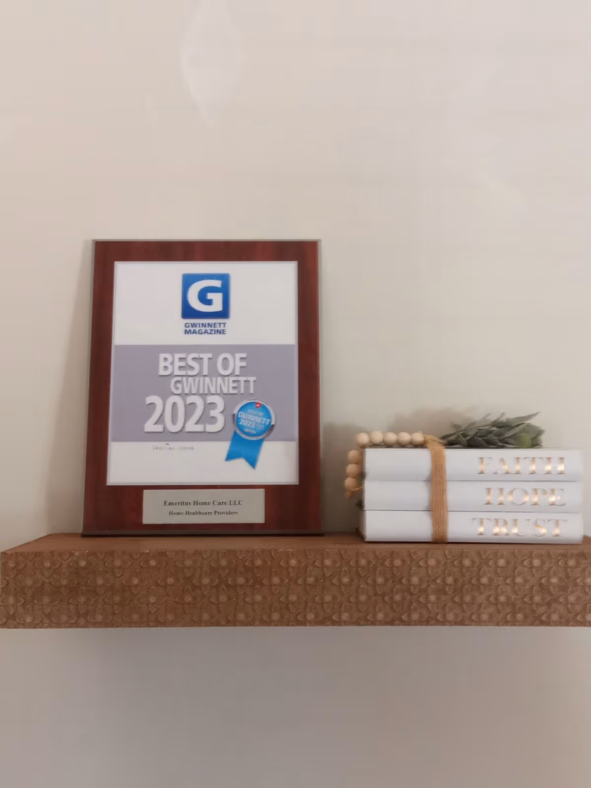 Framed Best of Gwinnett 2023 award plaque on a shelf beside decorative faith blocks.