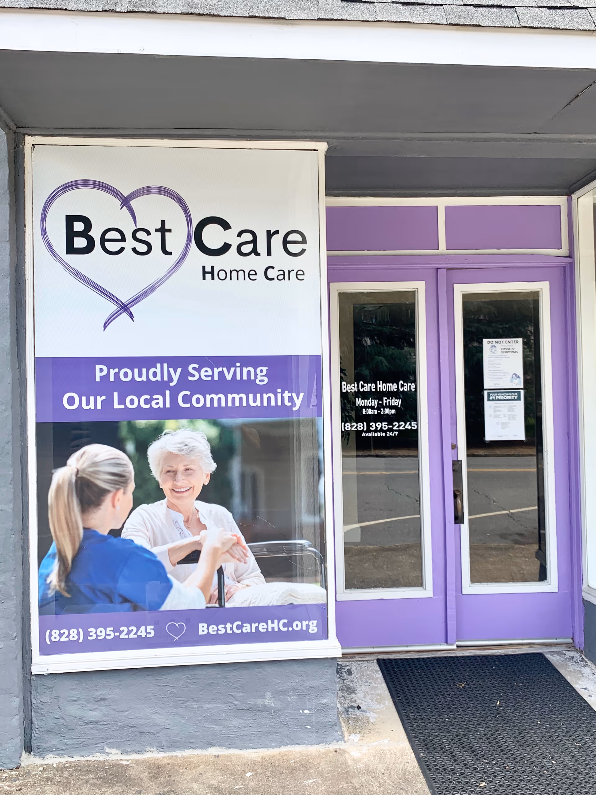 Exterior storefront of Best Care Home Care with purple doors and a large sign.