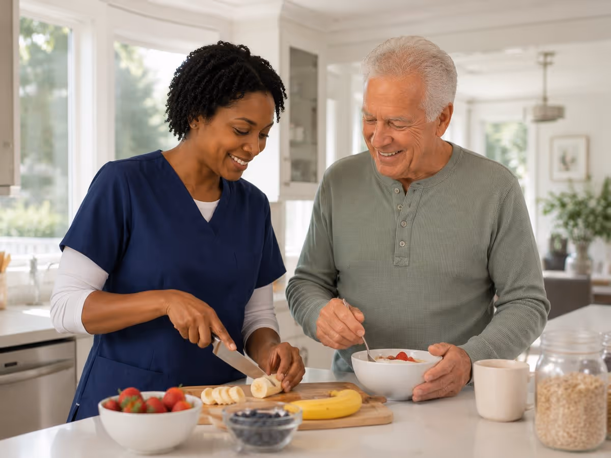 A caregiver slices fruit for an elderly man in a bright kitchen.