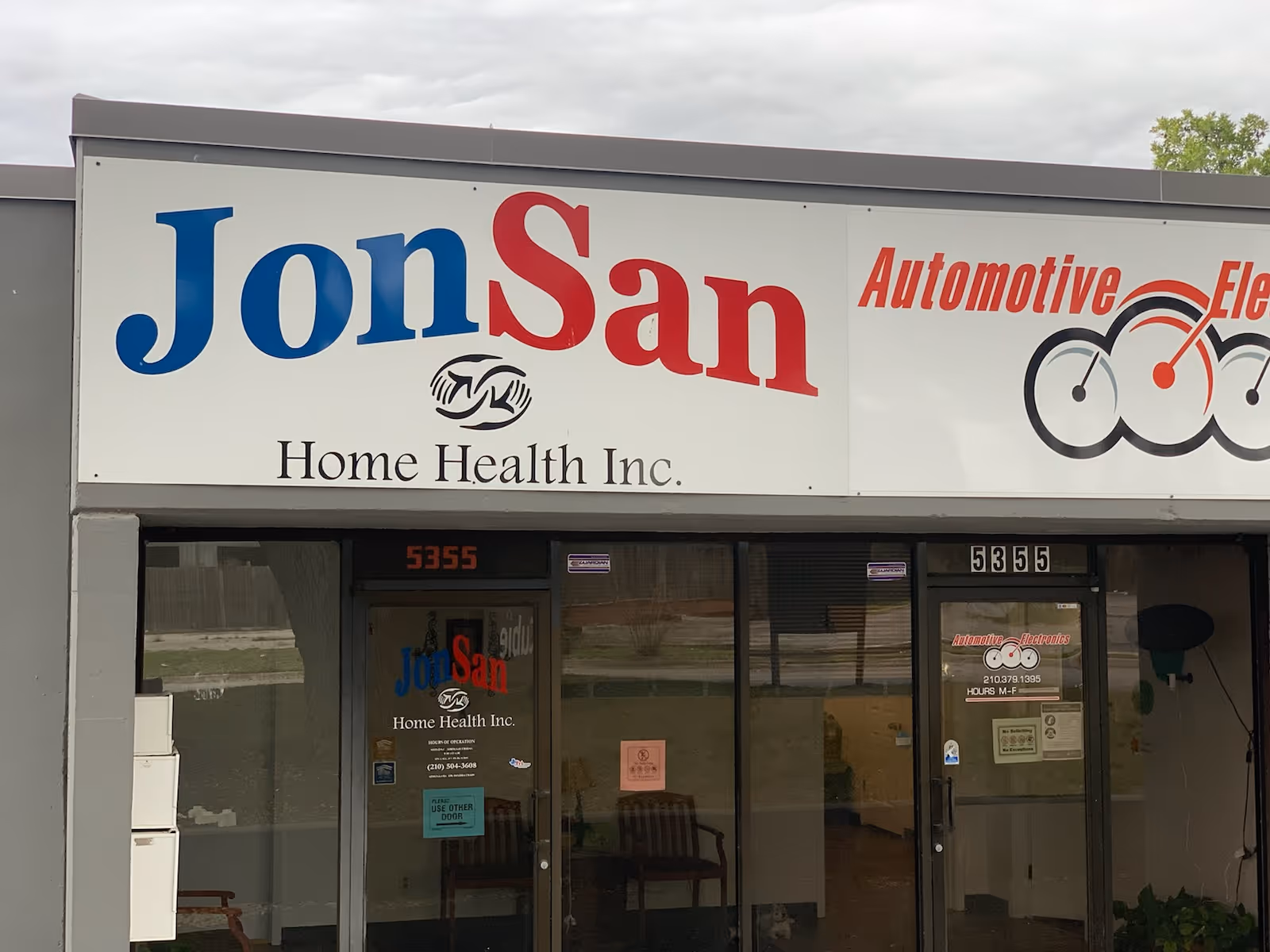 Exterior storefront shows JonSan Home Health Inc. sign on building front.