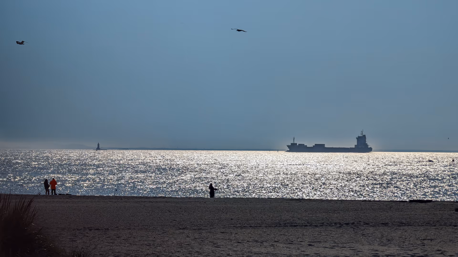 Sunlit beach scene with three people walking near the shore and a ship on the horizon.