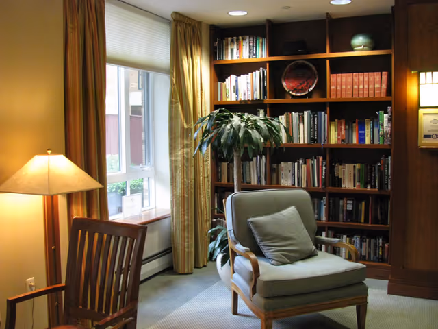 A cozy interior room with a large window covered by yellow curtains, a wooden chair, a cushioned armchair with a pillow, a tall leafy plant, a floor lamp, and a wooden bookshelf filled with books and decorative items.