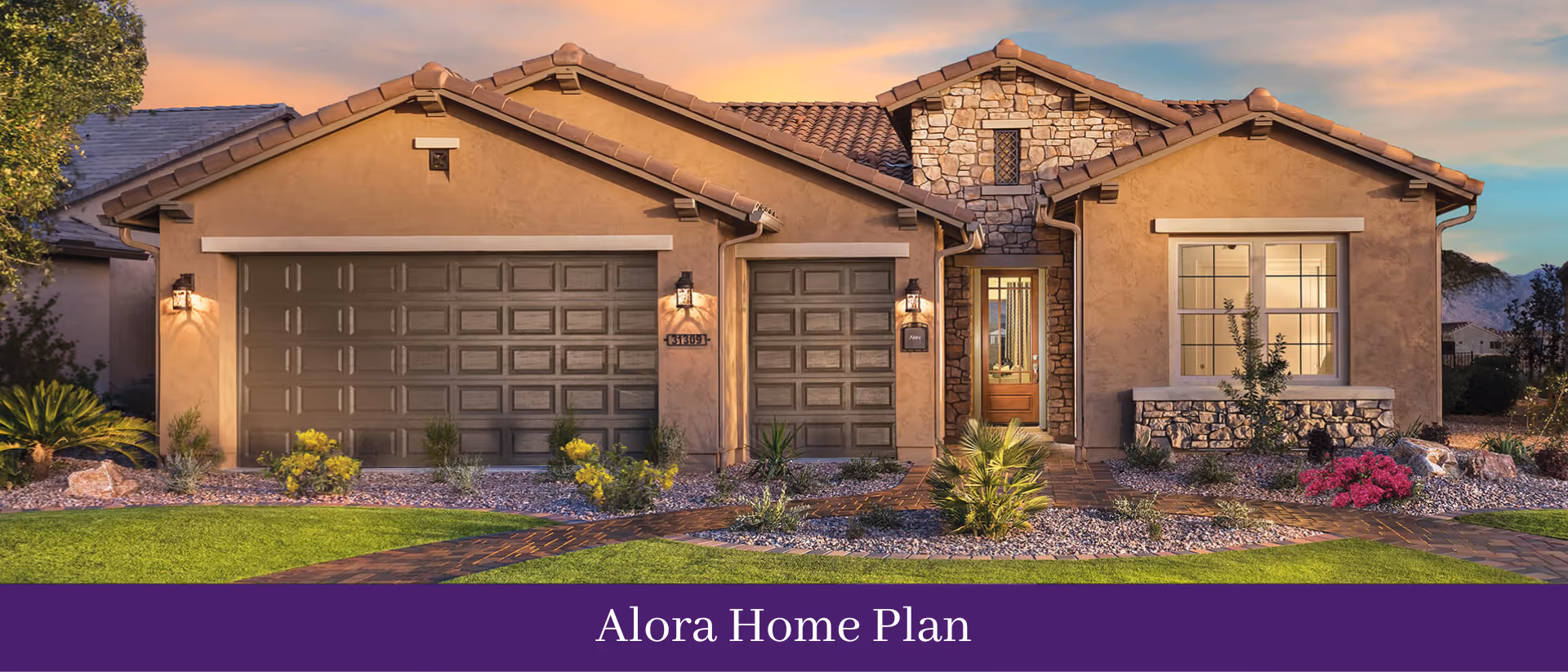 Front exterior view of a single-story house with a three-car garage, stone and stucco facade, a wooden front door with glass panels, and landscaped front yard with green grass, plants, and flowers under a colorful sunset sky.