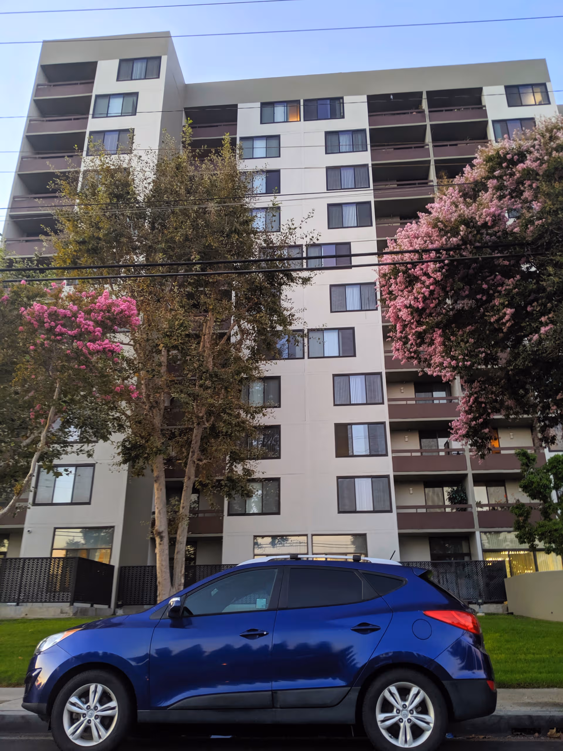 Tall residential building with balconies, flowering trees, and a blue SUV parked in front.