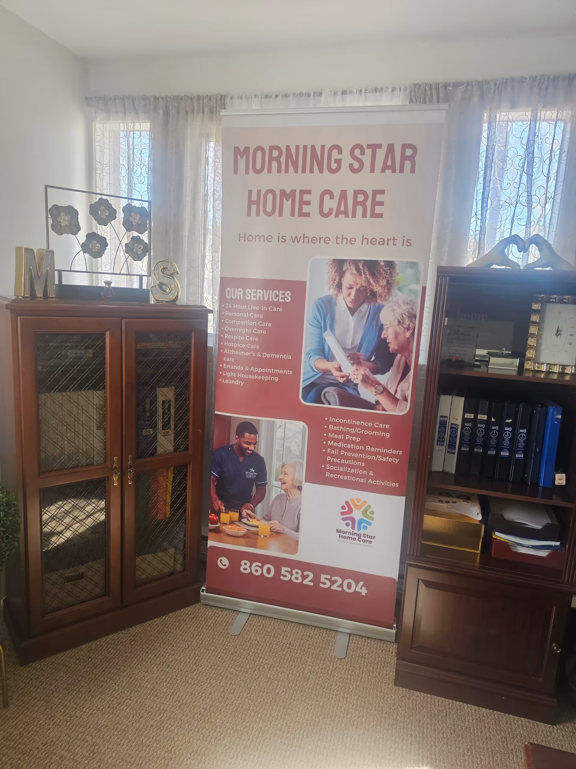 Promotional banner for Morning Star Home Care in a small office with a cabinet and bookshelf