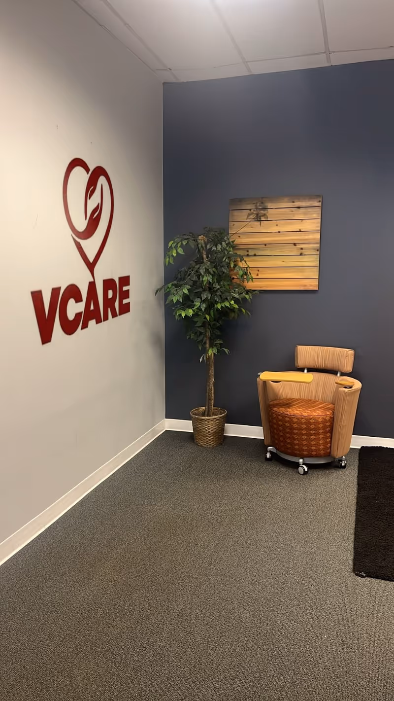 Indoor corner featuring VCARE logo, potted plant, wooden art, and compact seating.