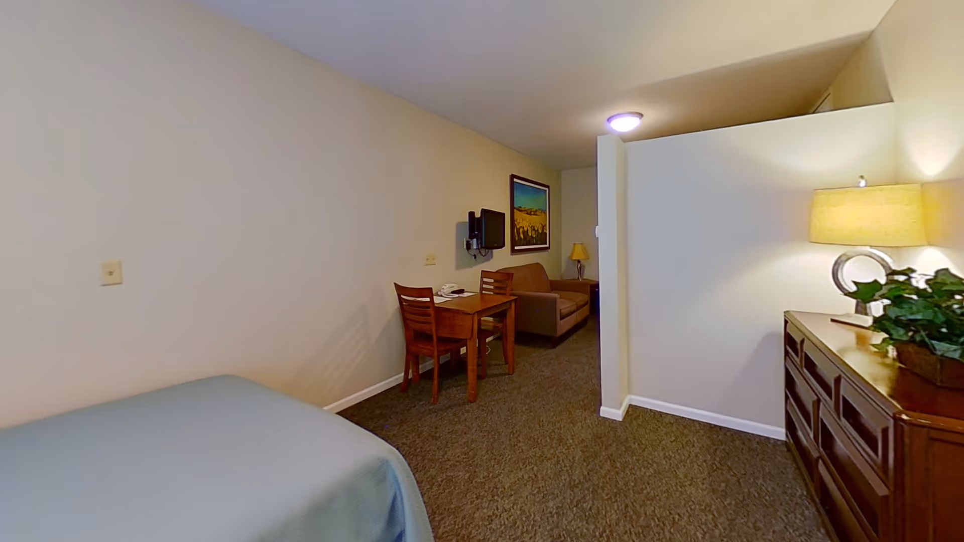 Interior view of a senior living facility room with a bed covered in a blue blanket on the left, a small wooden table with two chairs, a wall-mounted TV, a brown sofa, a framed picture on the wall, a wooden dresser with a lamp and a plant on the right, and beige walls and carpet.