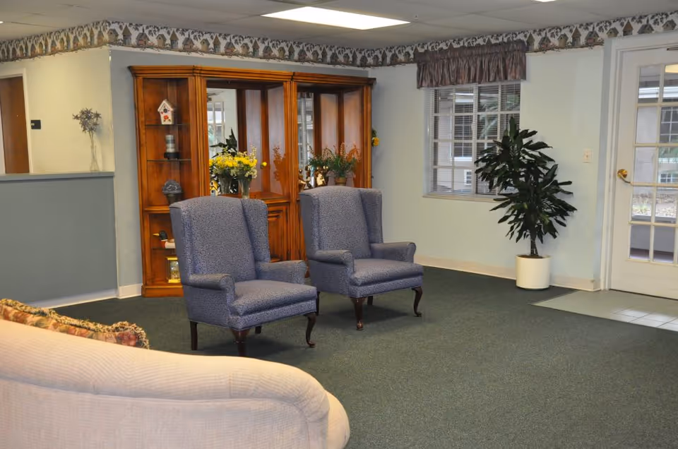 A seating area with two upholstered armchairs in front of a wooden display cabinet, a potted plant, and an entry door.
