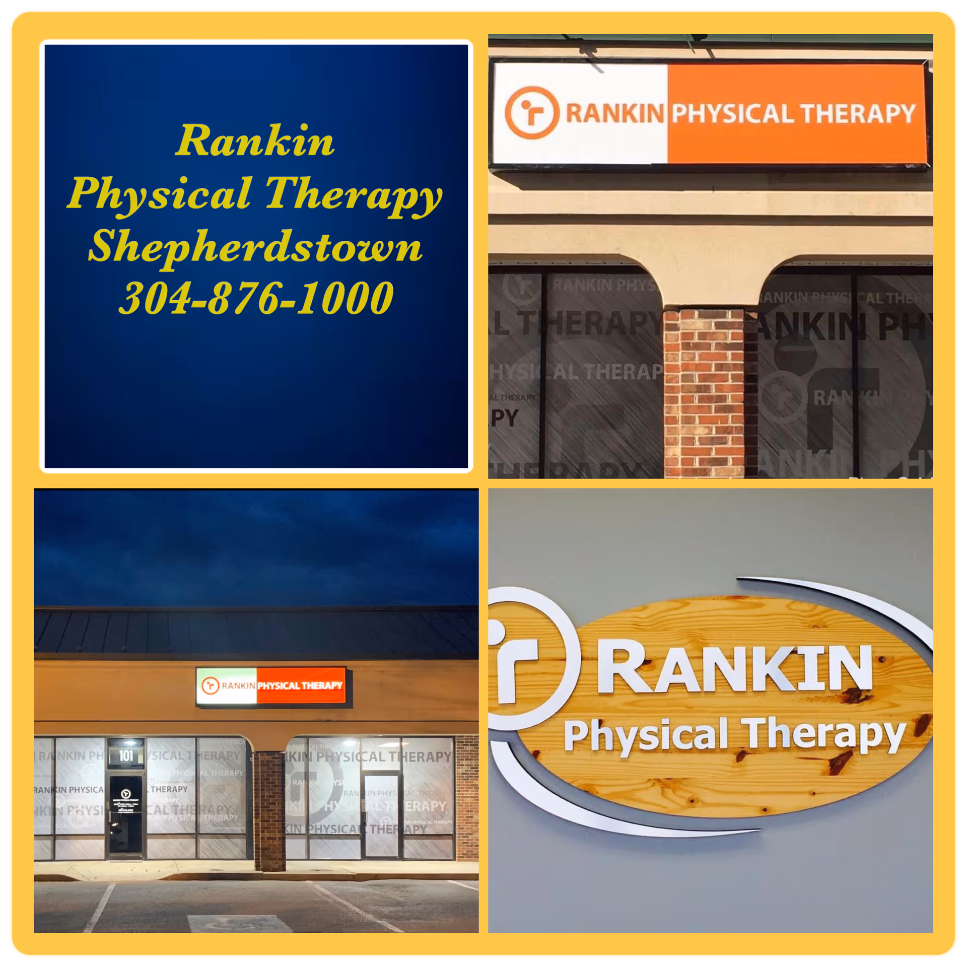 Collage of Rankin Physical Therapy exterior signs on building fronts.