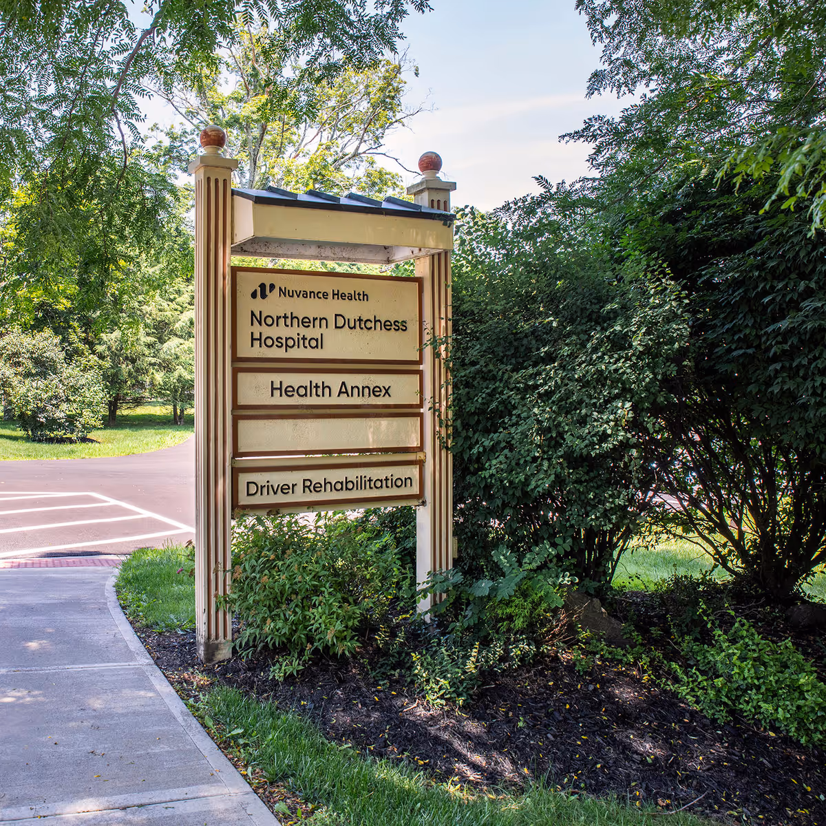 Outdoor signboard displaying Nuvance Health Northern Dutchess Hospital and Health Annex names.