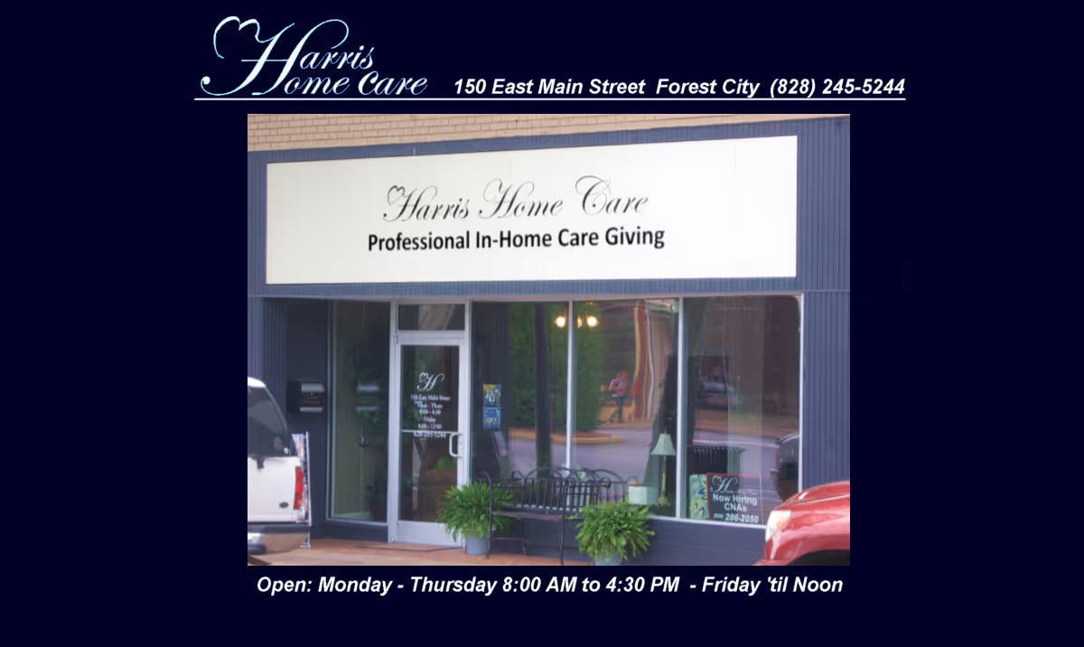 Front view of Harris Home Care storefront with large sign and glass doors.