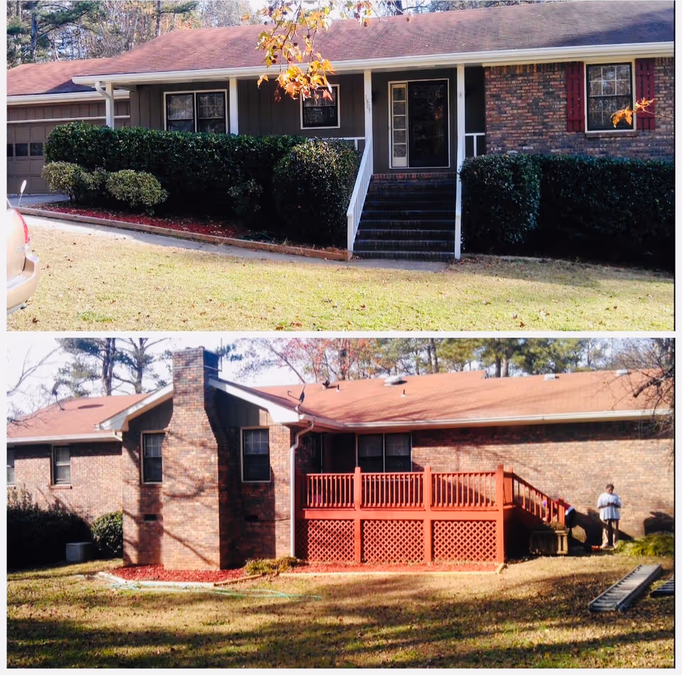 Two exterior views of Allegiance Personal Care Home showing brick building entrances and a red deck.
