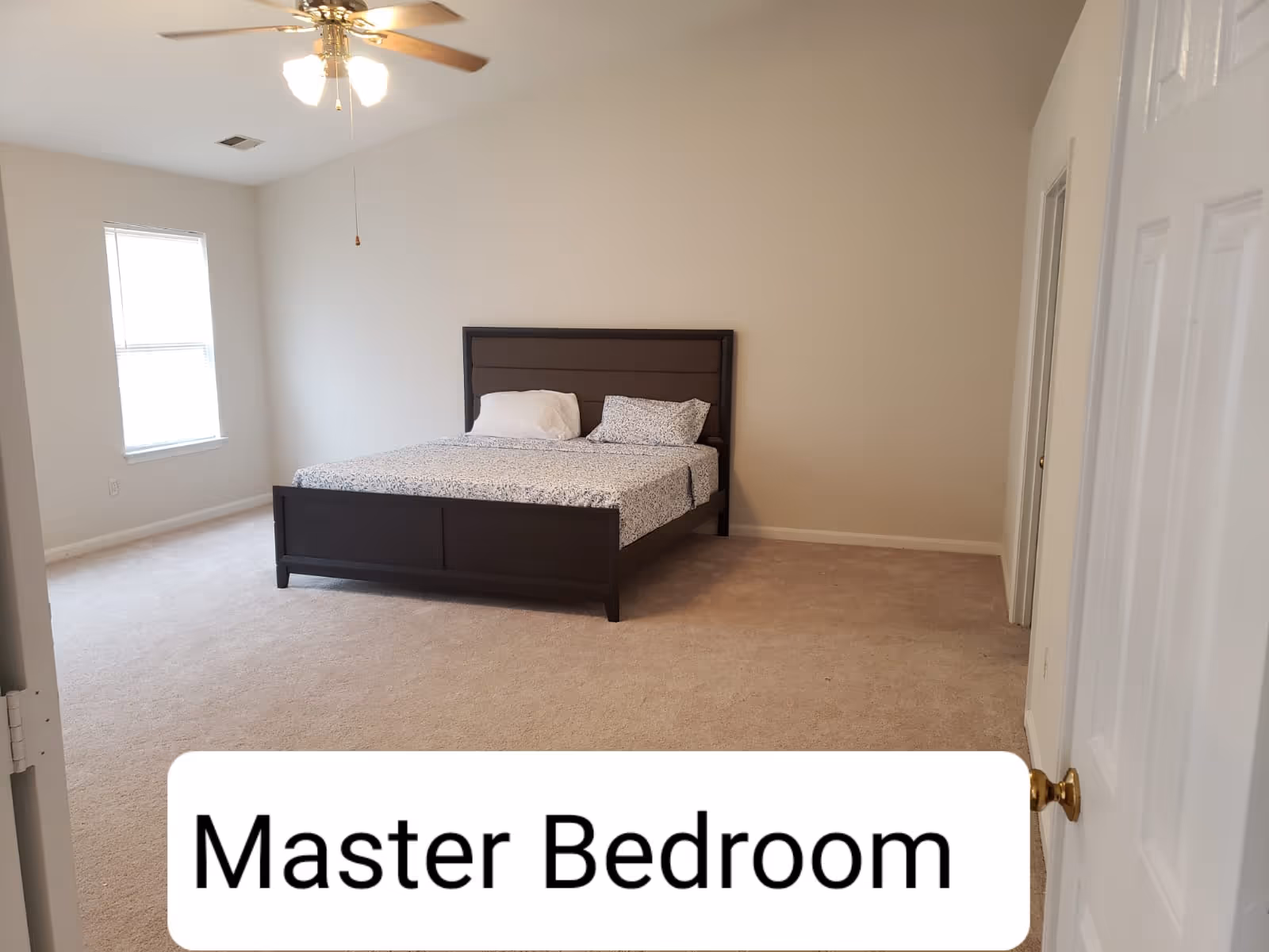 Spacious master bedroom with dark wood bed, ceiling fan, beige carpet, and neutral walls.