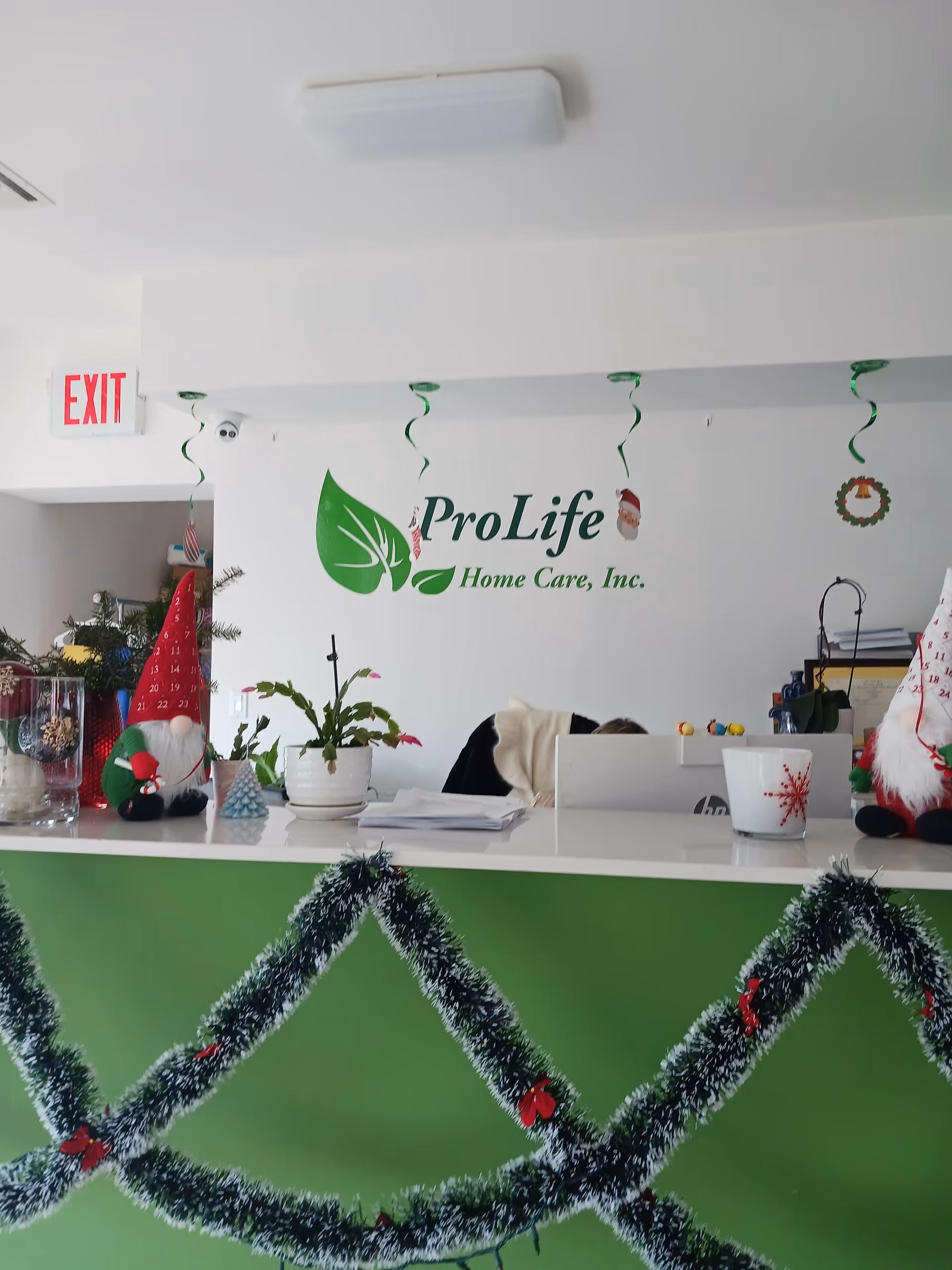Reception desk with ProLife Home Care logo and festive decorations indoors.