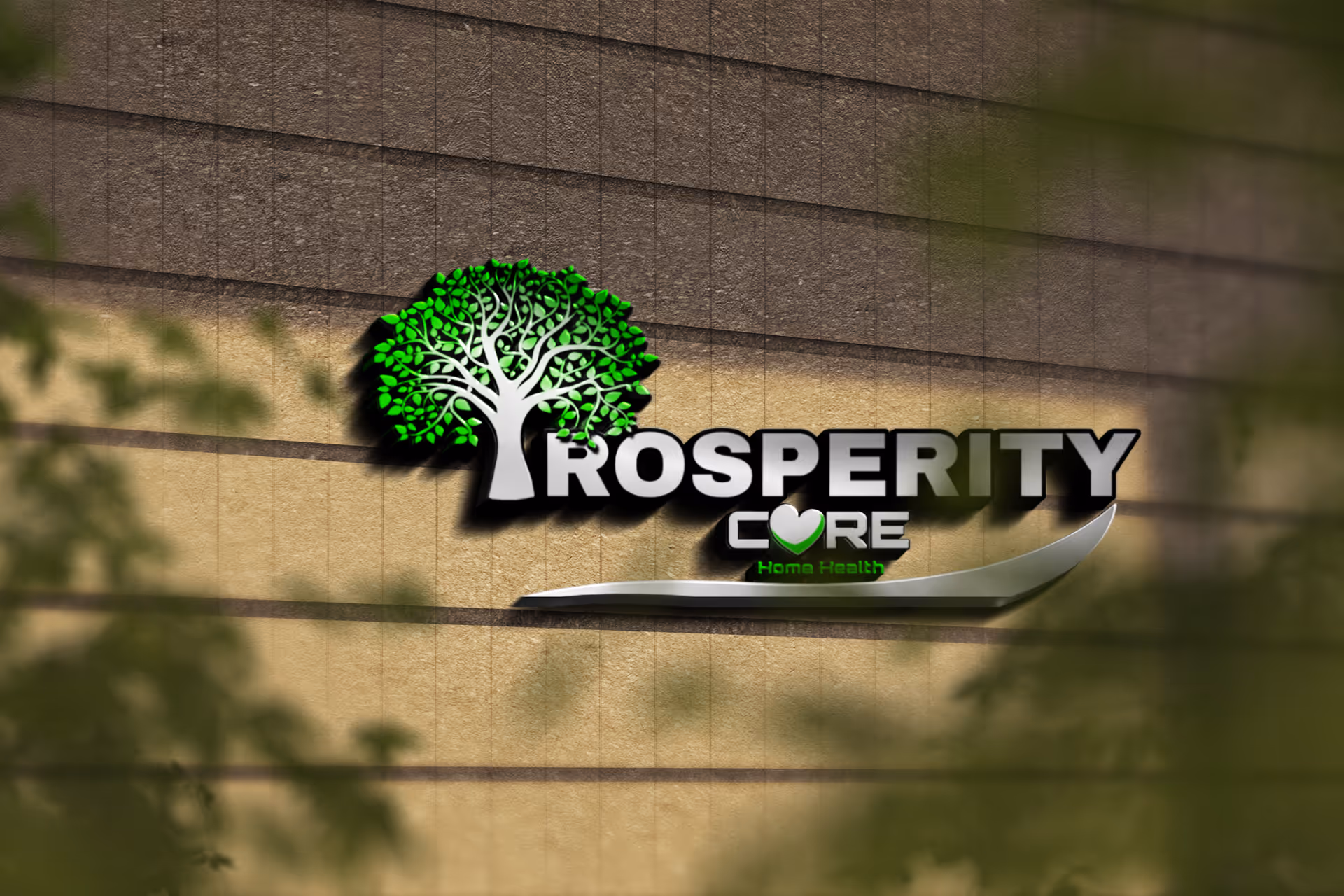 Exterior wall with Prosperity Home Health Care logo and green tree emblem.