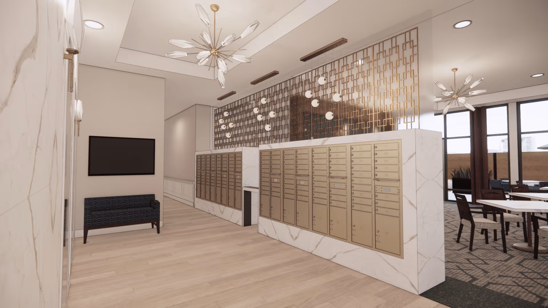 Bright modern lobby area featuring rows of brass mailboxes set in a marble island, seating, decorative metal screens and hanging light fixtures with a dining area visible to the right.