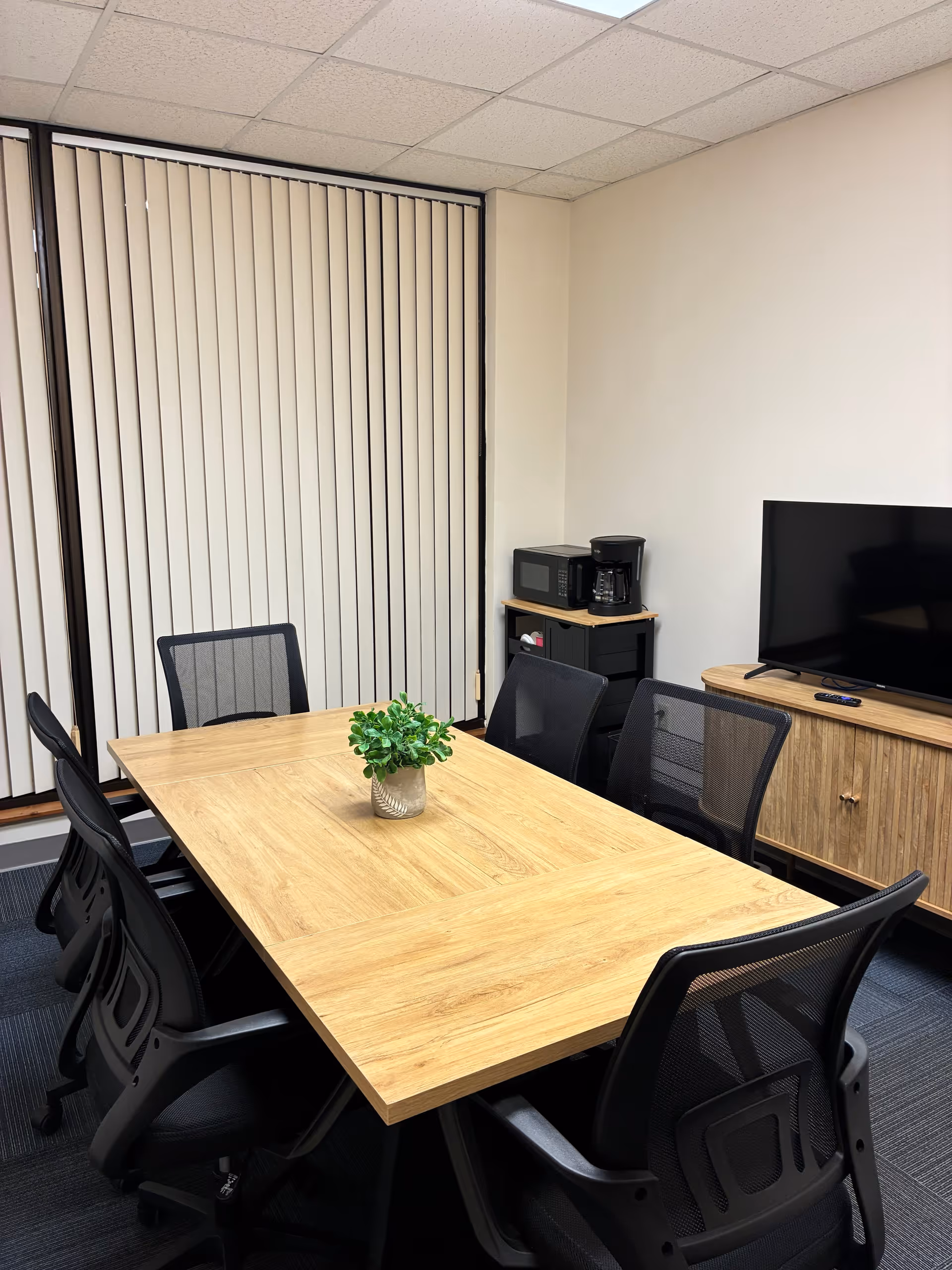 Wood conference-style table with black chairs and a small potted plant in a bright meeting room.