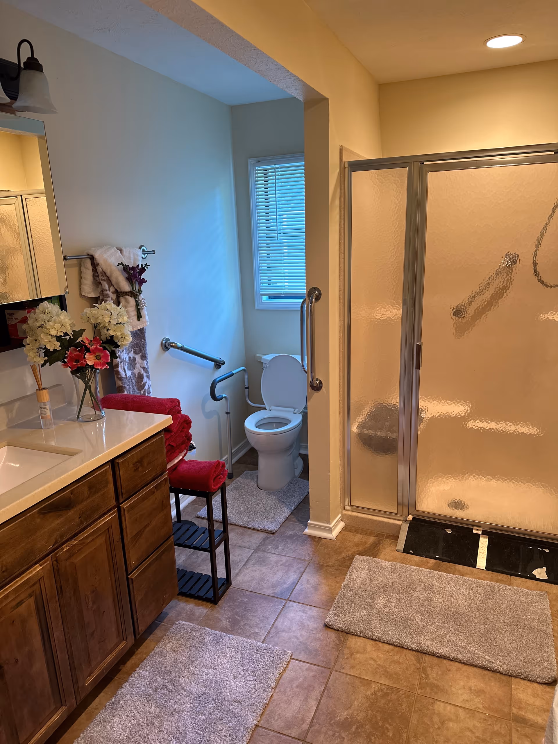 Accessible bathroom with sink, toilet, shower, grab bars, and floral decor.
