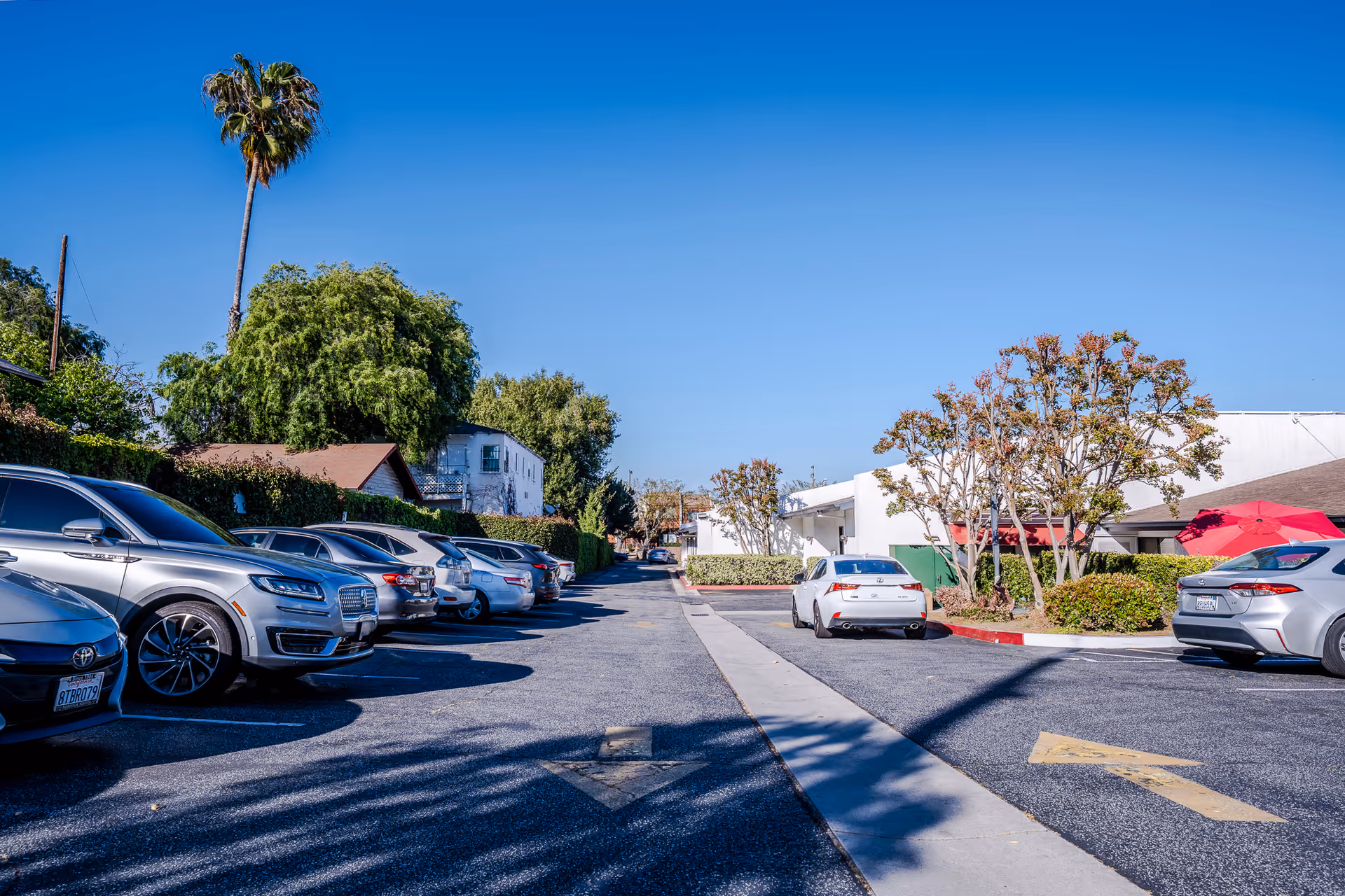 Parking lot with several parked cars on both sides, a tall palm tree and other trees in the background, and a clear blue sky above. There are buildings and some red umbrellas visible on the right side.