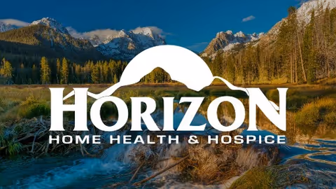 Outdoor landscape featuring mountains and a river, with Horizon Home Health & Hospice logo.