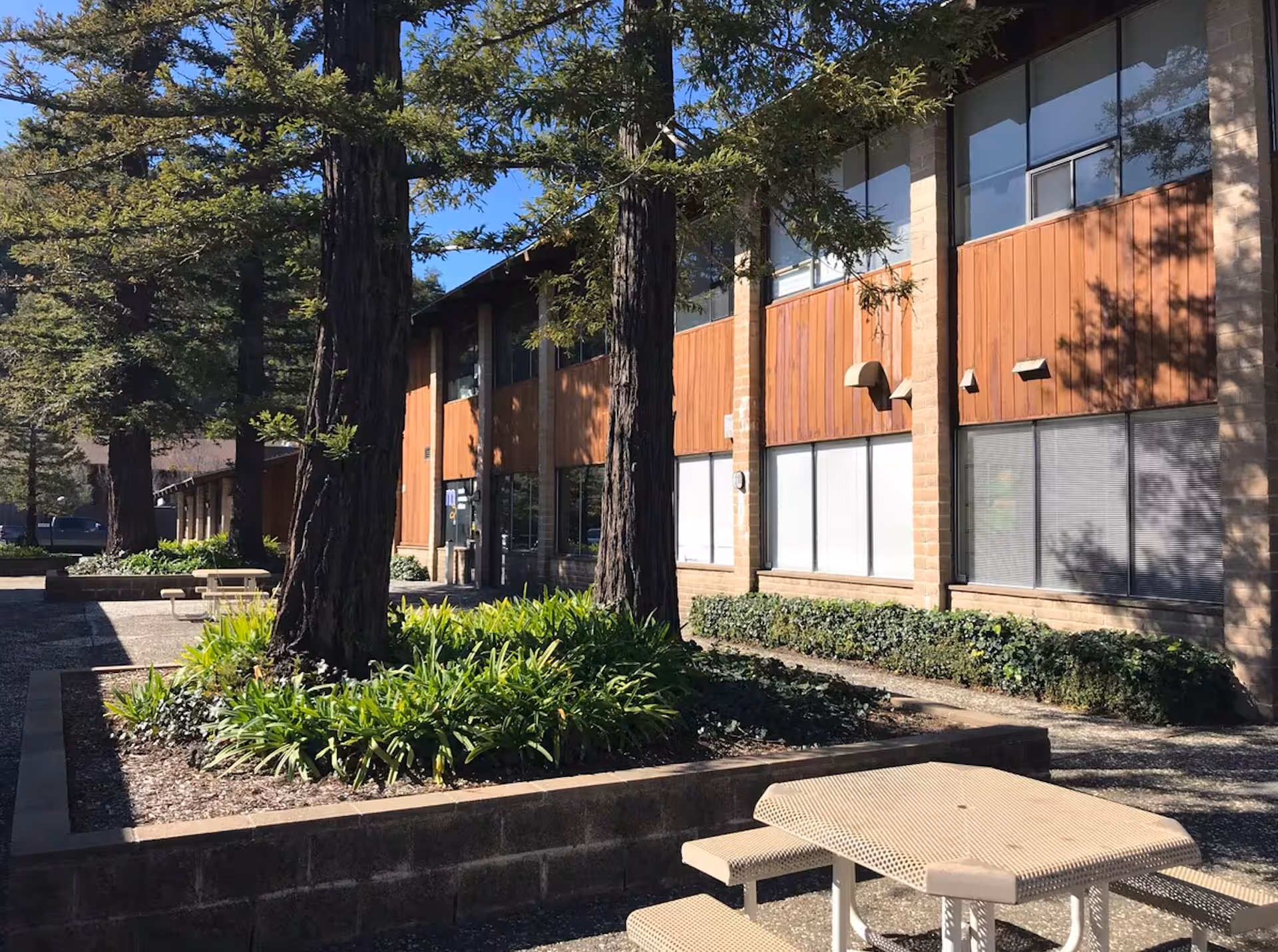 Exterior view of Allegro Home Health building with trees, shrubs, and a metal picnic table.