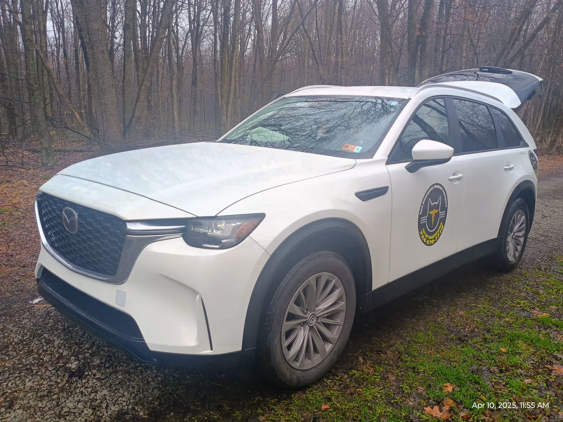 White SUV with Fat Kat Transportation logo parked outdoors among bare trees.