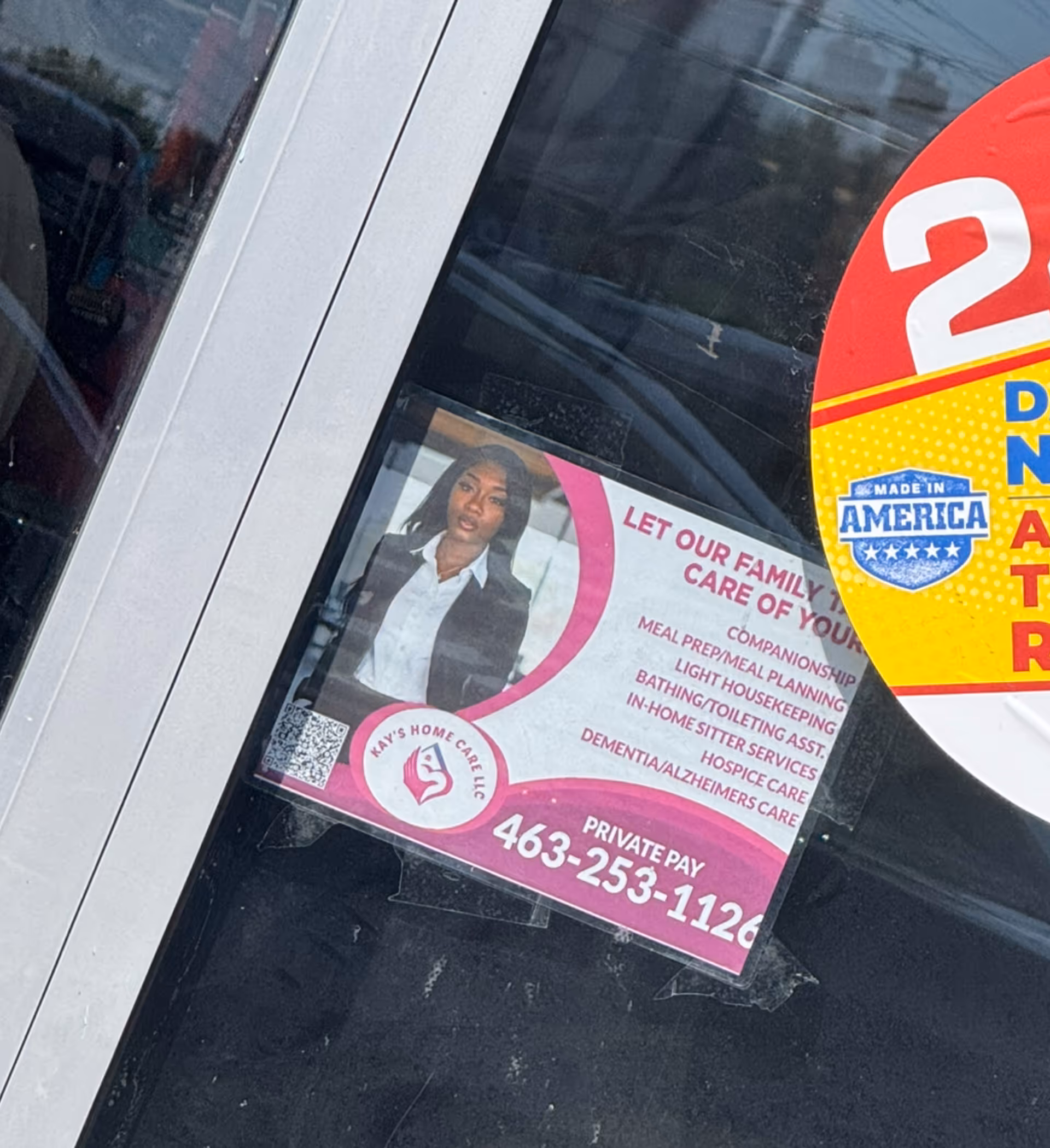 Front door displays Kay's Home Care LLC advertisement sticker.