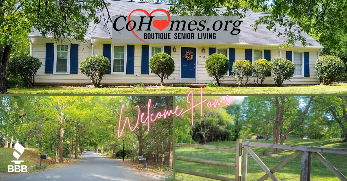 Exterior view of CoHomes Boutique Senior Living building with Welcome Home neon sign and greenery
