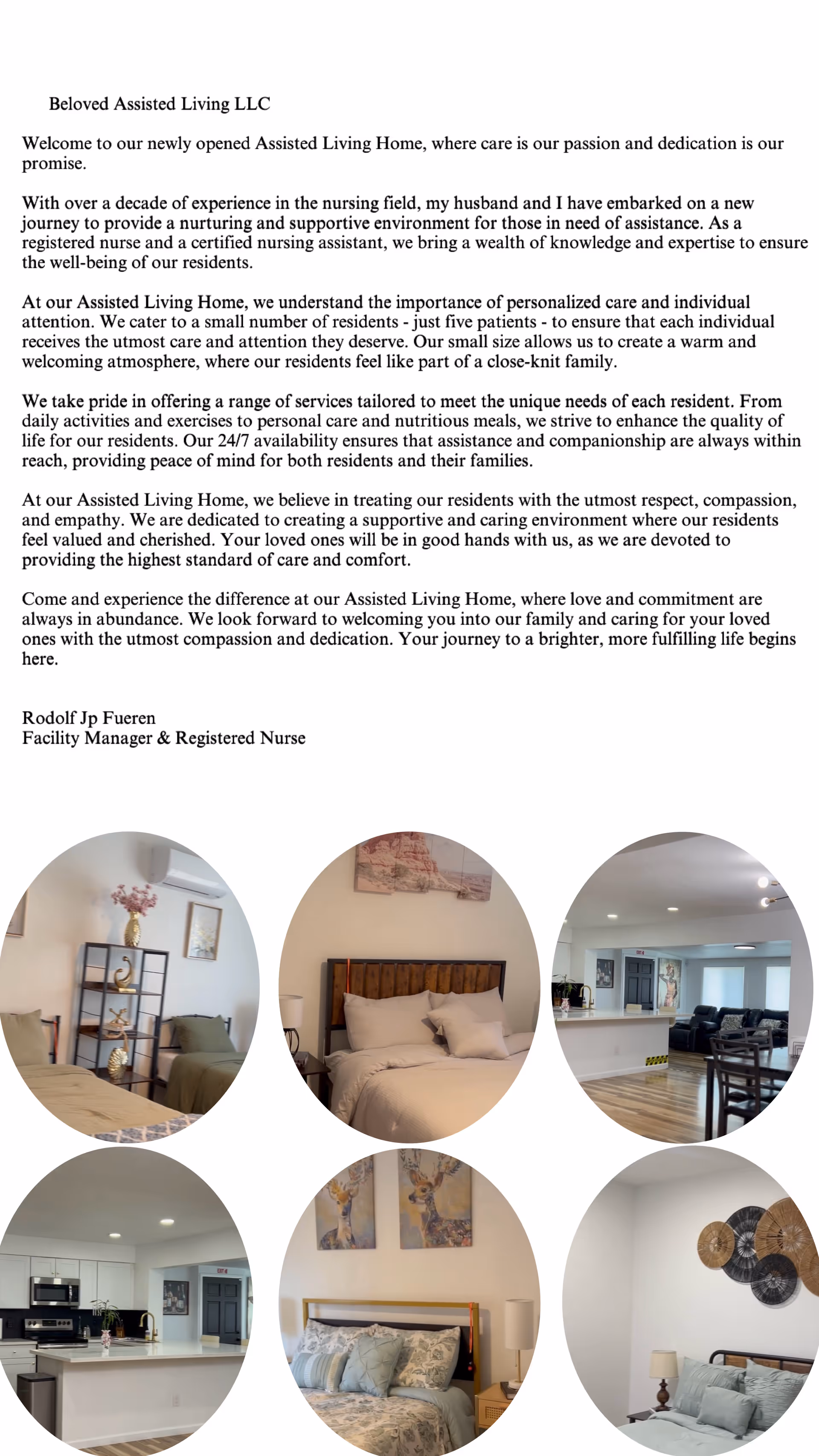 Collage of BeLoved Assisted Living interior spaces, including bedrooms, kitchen, and common living areas.