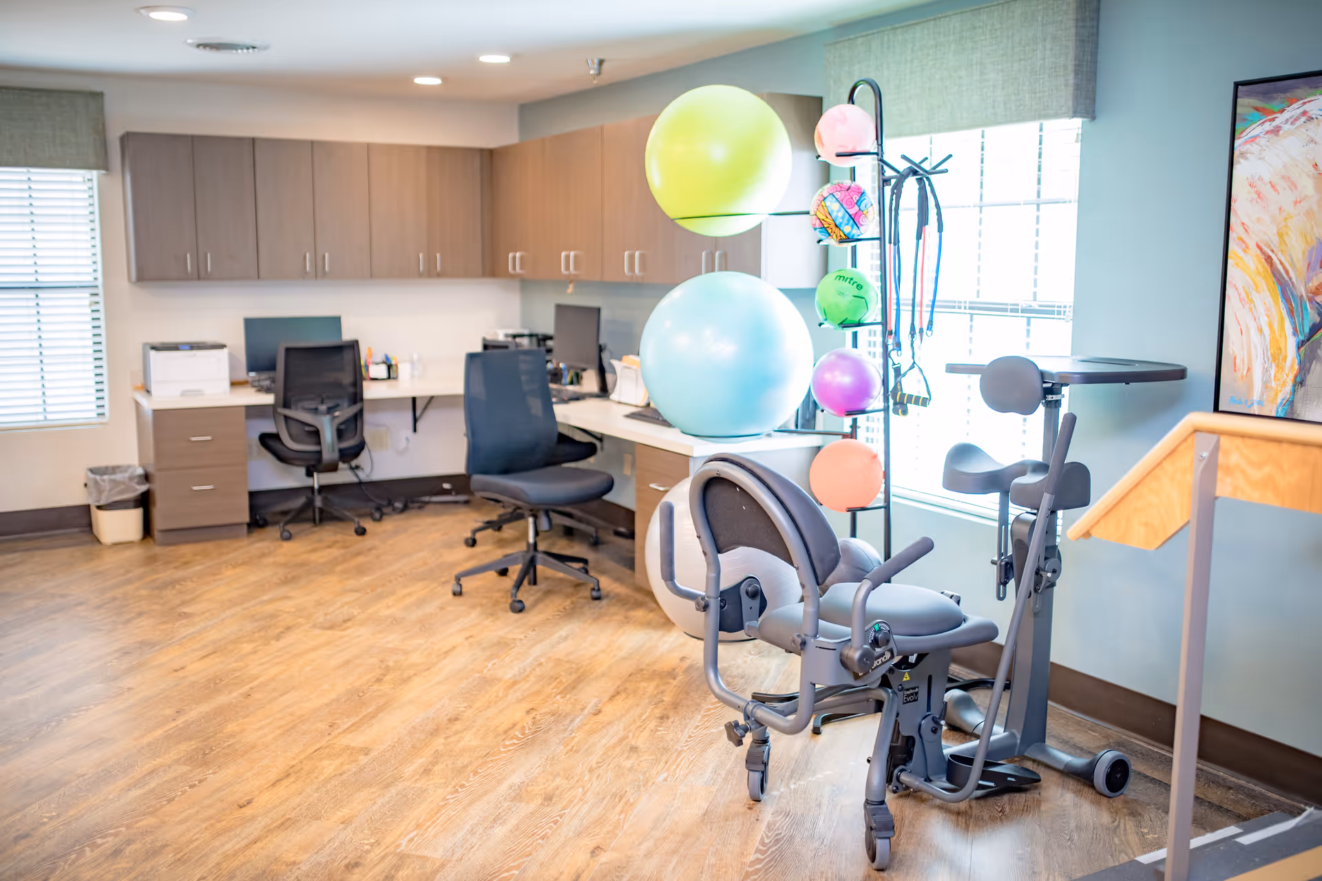 A bright room with wooden flooring featuring two office chairs and desks with computers and a printer along the back wall. In the foreground, there is exercise equipment including a recumbent exercise bike and a rack holding various colorful exercise balls. A large window with blinds allows natural light into the room, and a colorful abstract painting is partially visible on the right wall.