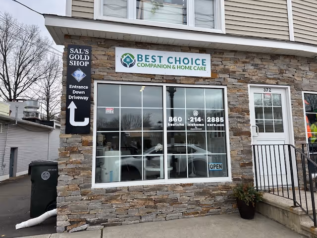 Stone-faced storefront with Best Choice Companion and Home Care sign, large front window display.