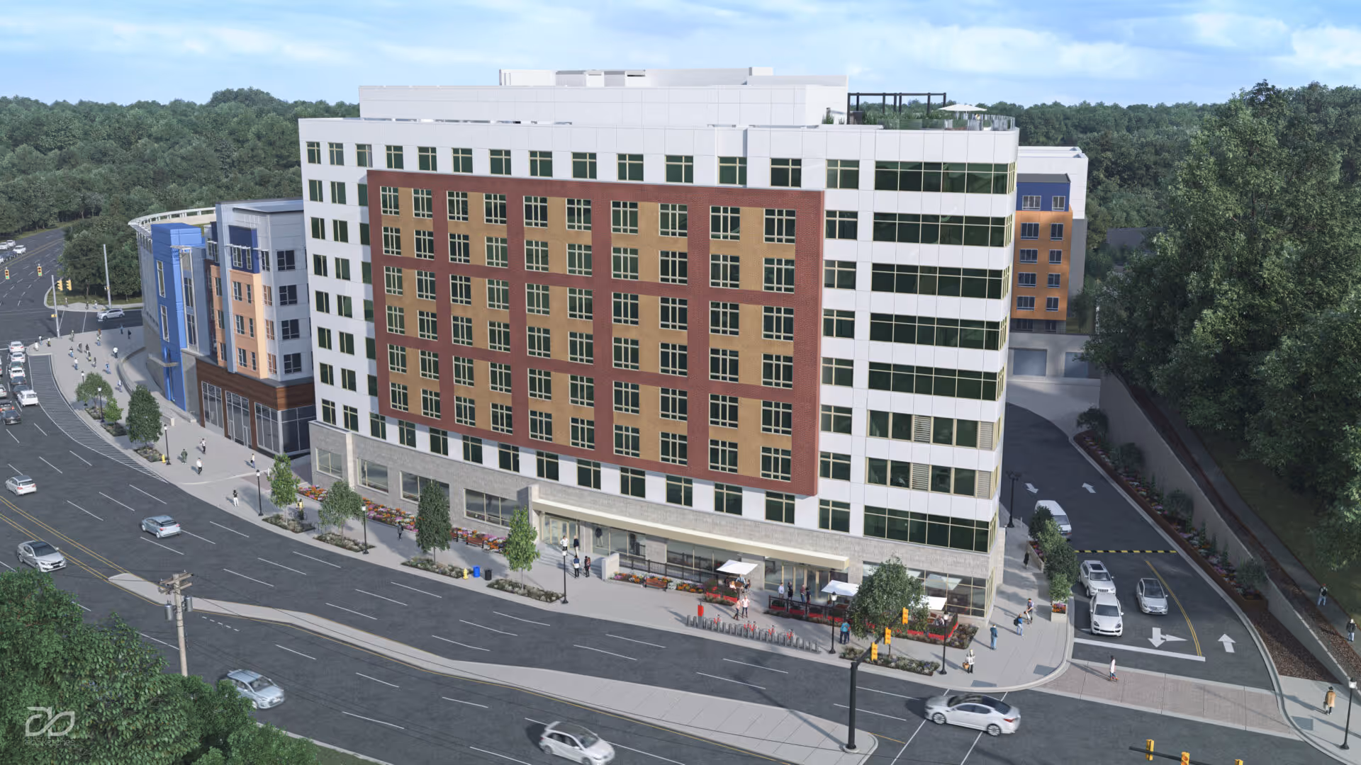 Exterior rendering of Benchmark at Alexandria, a modern multi-story senior living facility.