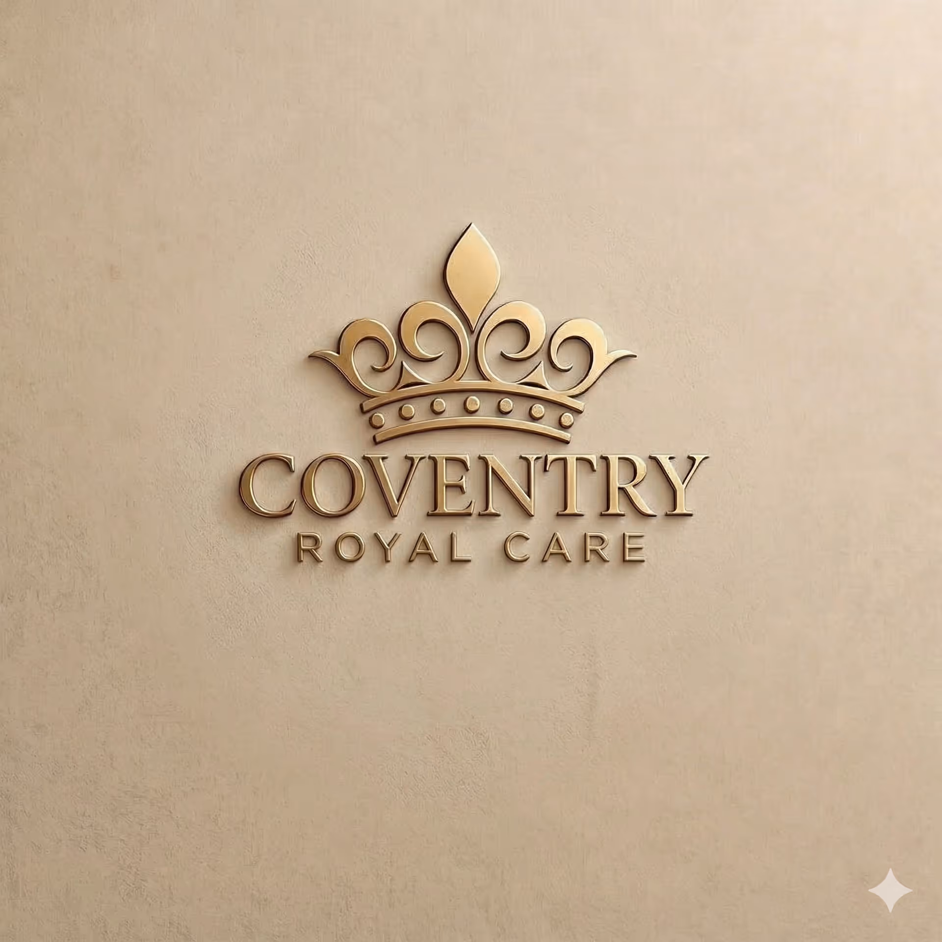 Beige wall features Coventry Royal Care sign with a crown logo.