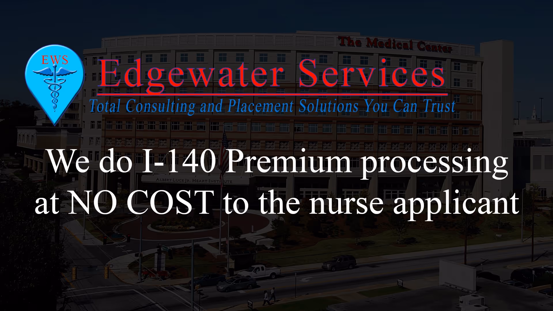 Exterior view of Edgewater Healthcare Services building with large promotional overlay text.