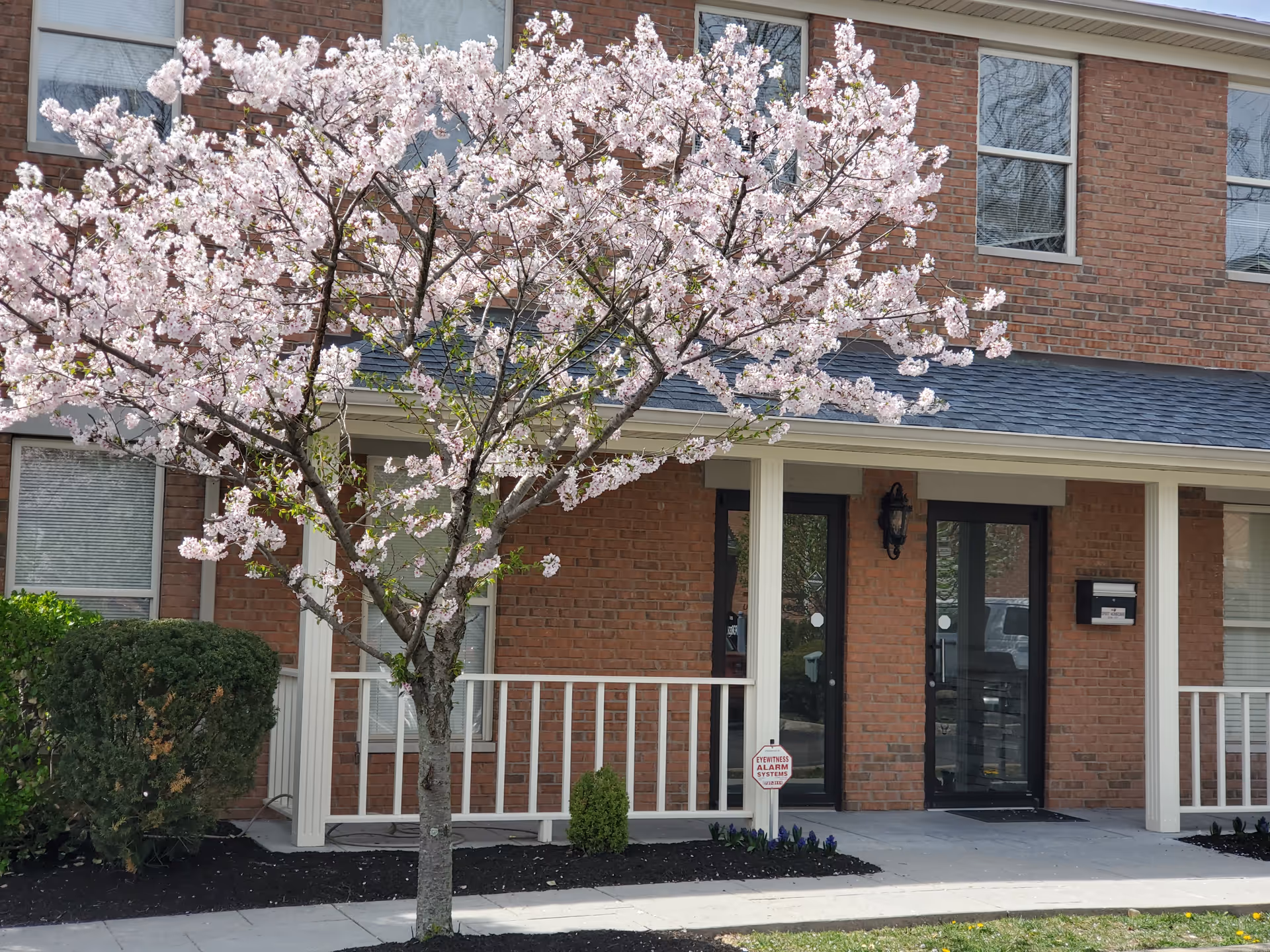 Front entrance of a brick senior living facility with a blooming tree.