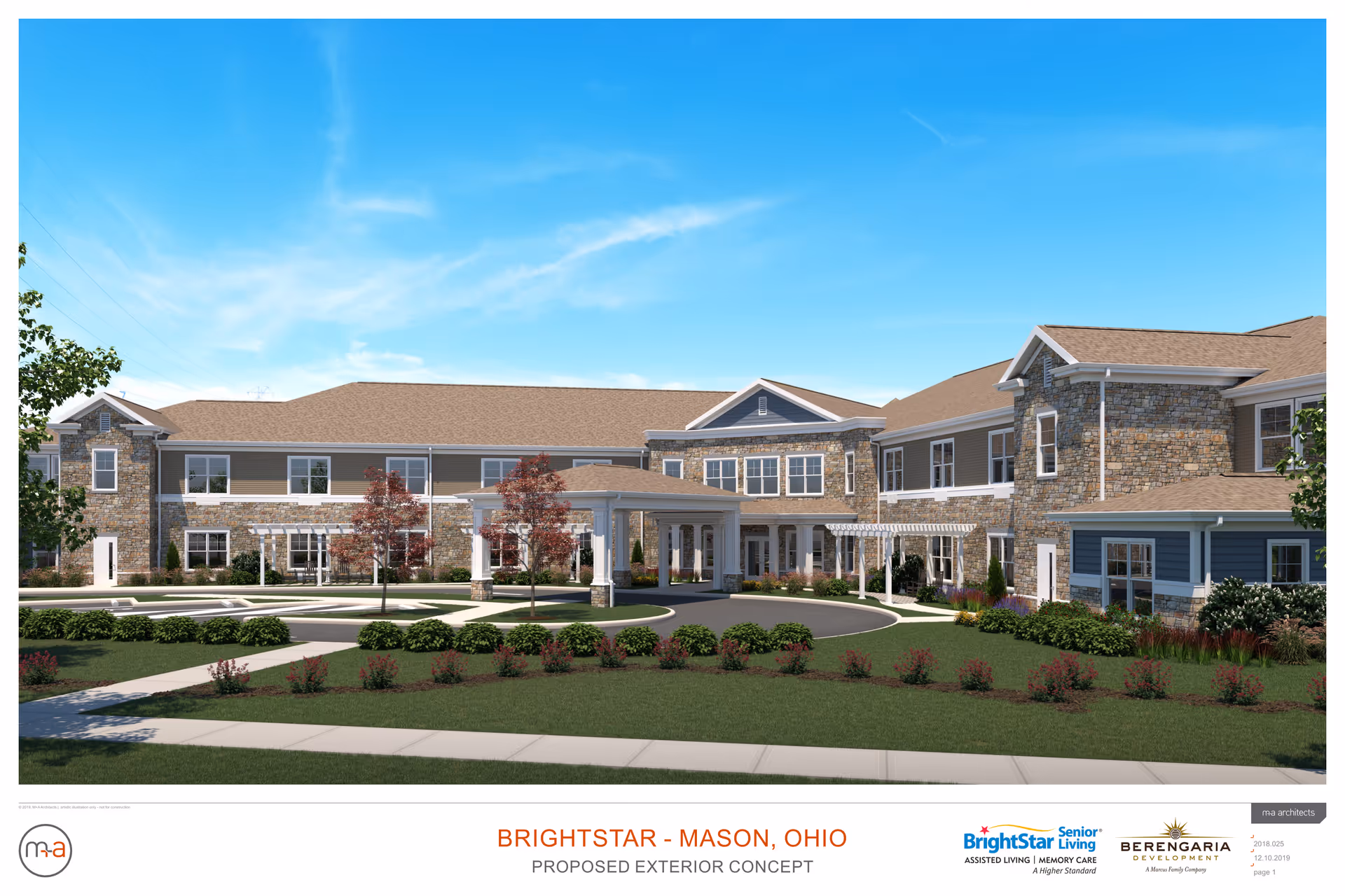 Exterior view of Brightstar Mason senior living center with landscaped entrance and blue sky.