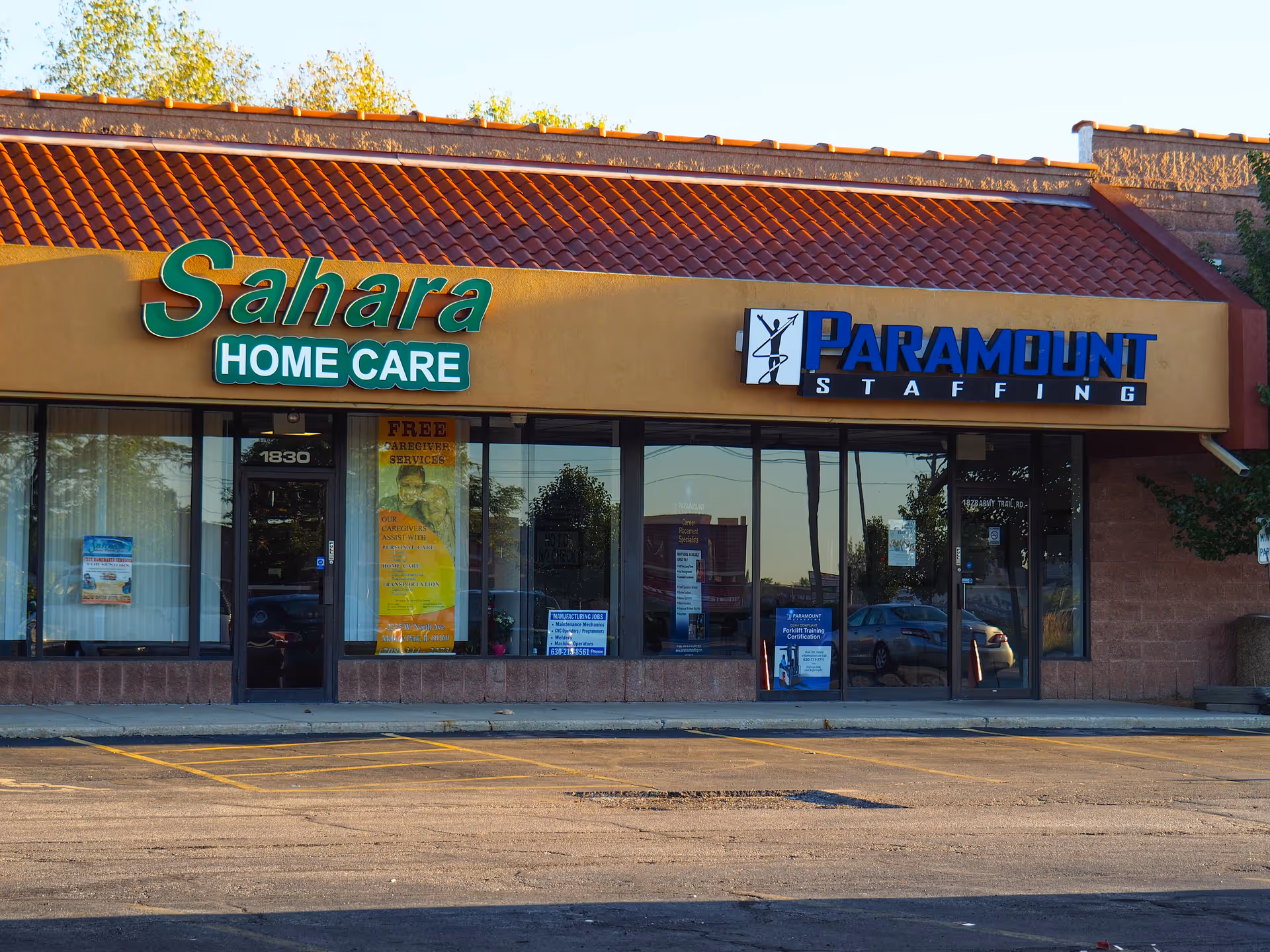Sahara Home Care storefront with Paramount Staffing signage on a strip mall exterior.