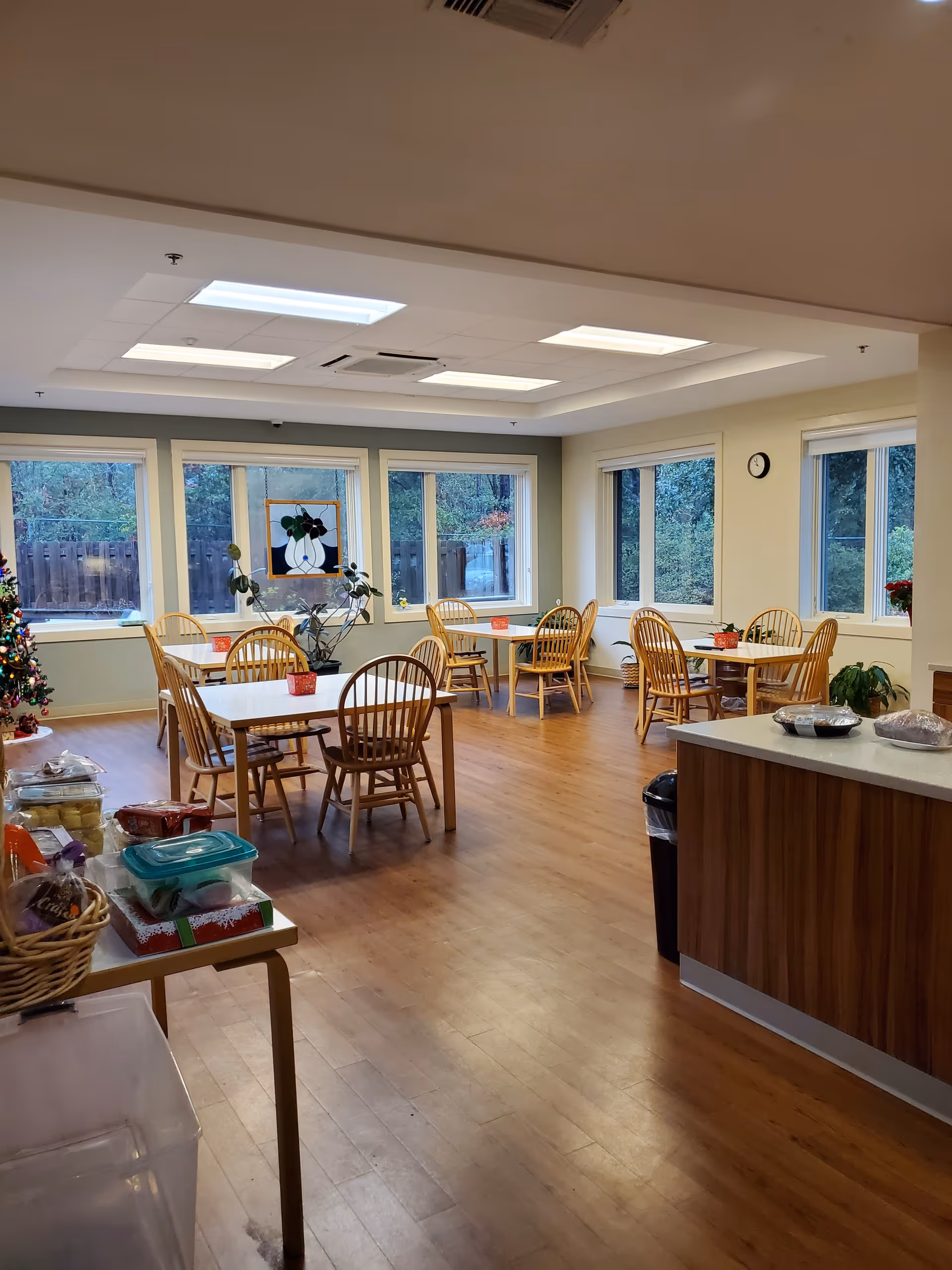 Bright senior living dining area with multiple wooden tables and chairs by large windows.