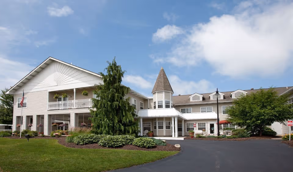 Exterior view of Newhaven Court at Clearview showing the entrance, turret, and landscaped grounds.