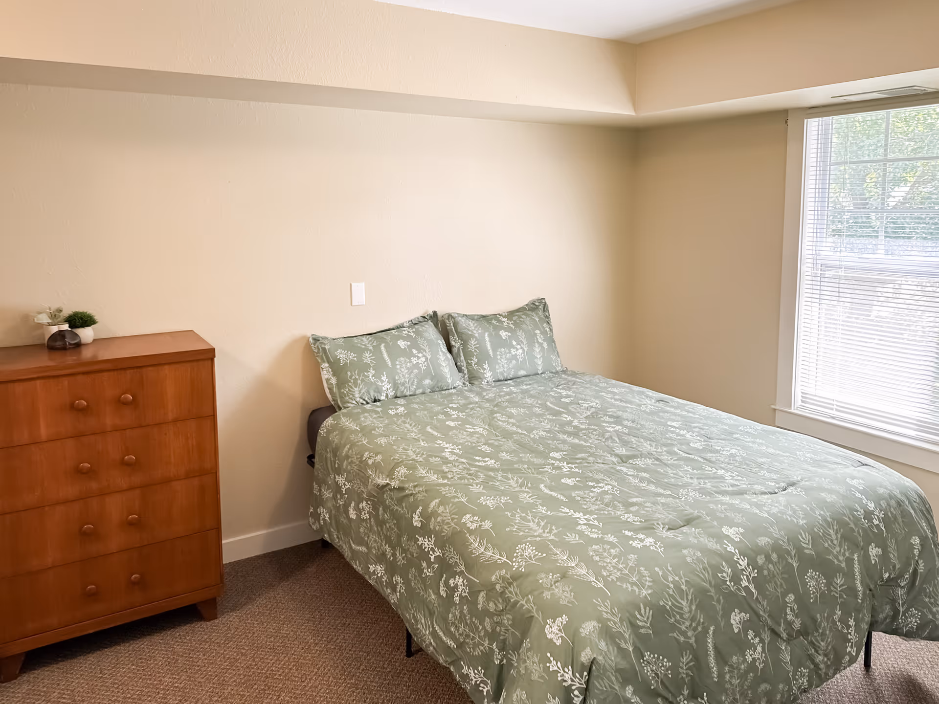 Cozy bedroom featuring a bed with green floral bedding and a wooden dresser.