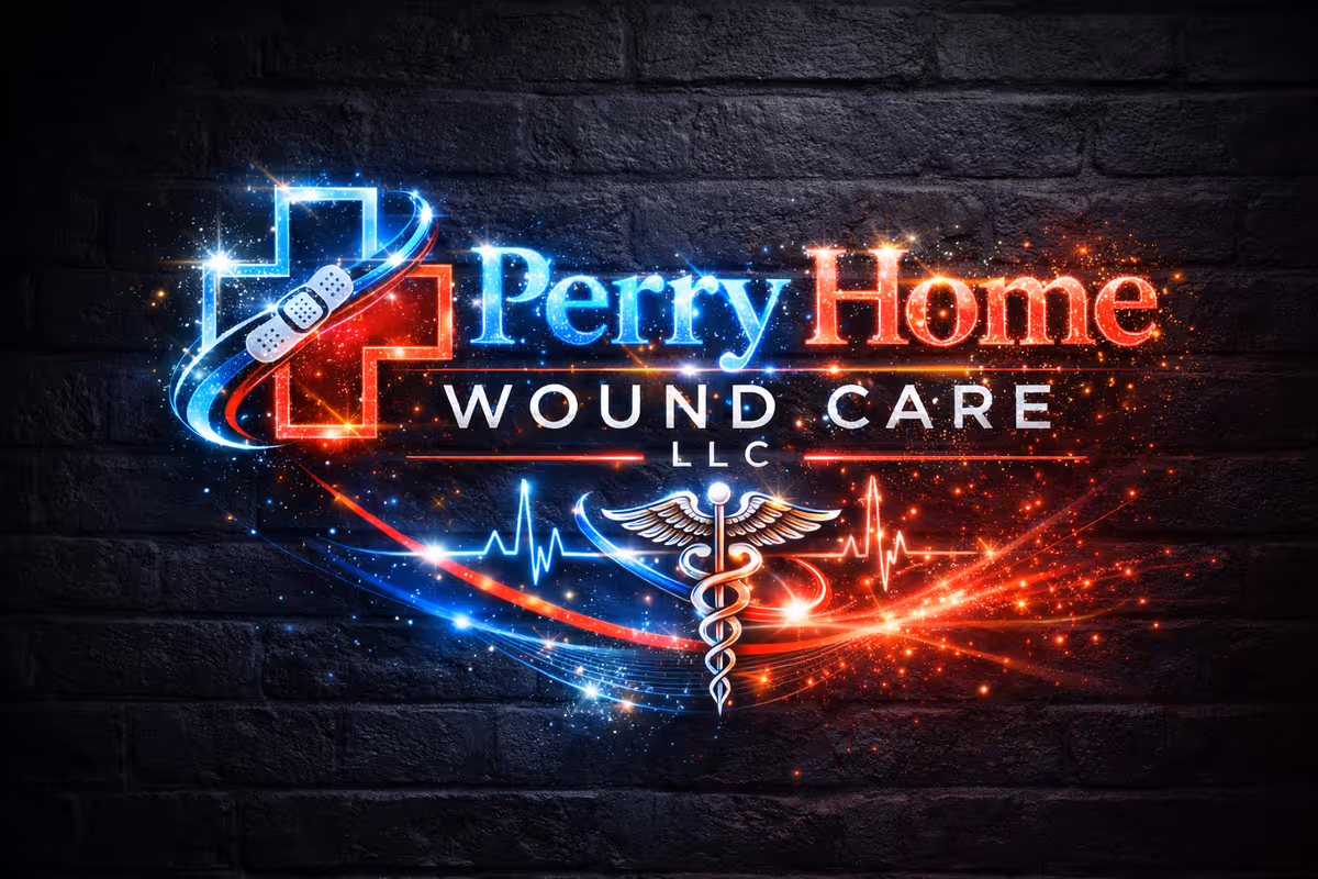 Bright neon sign reading Perry Home Wound Care LLC on a dark brick wall.