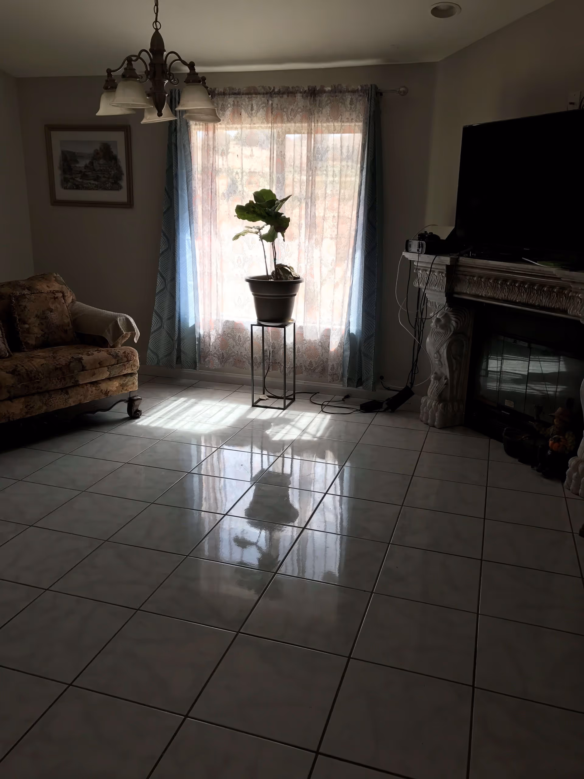 A living room with a tiled floor reflecting light from a window covered with sheer and blue curtains. There is a potted plant on a stand in front of the window, a floral-patterned sofa on the left, a framed picture on the wall, and a fireplace with a TV on top on the right side.