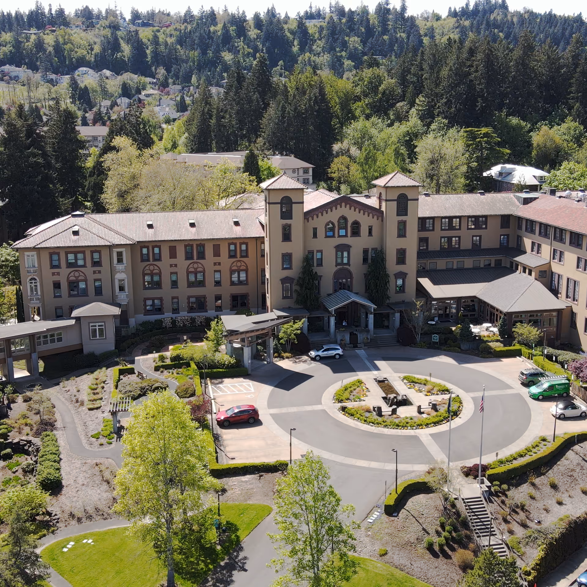 Aerial view of Mary's Woods at Marylhurst campus with circular driveway.